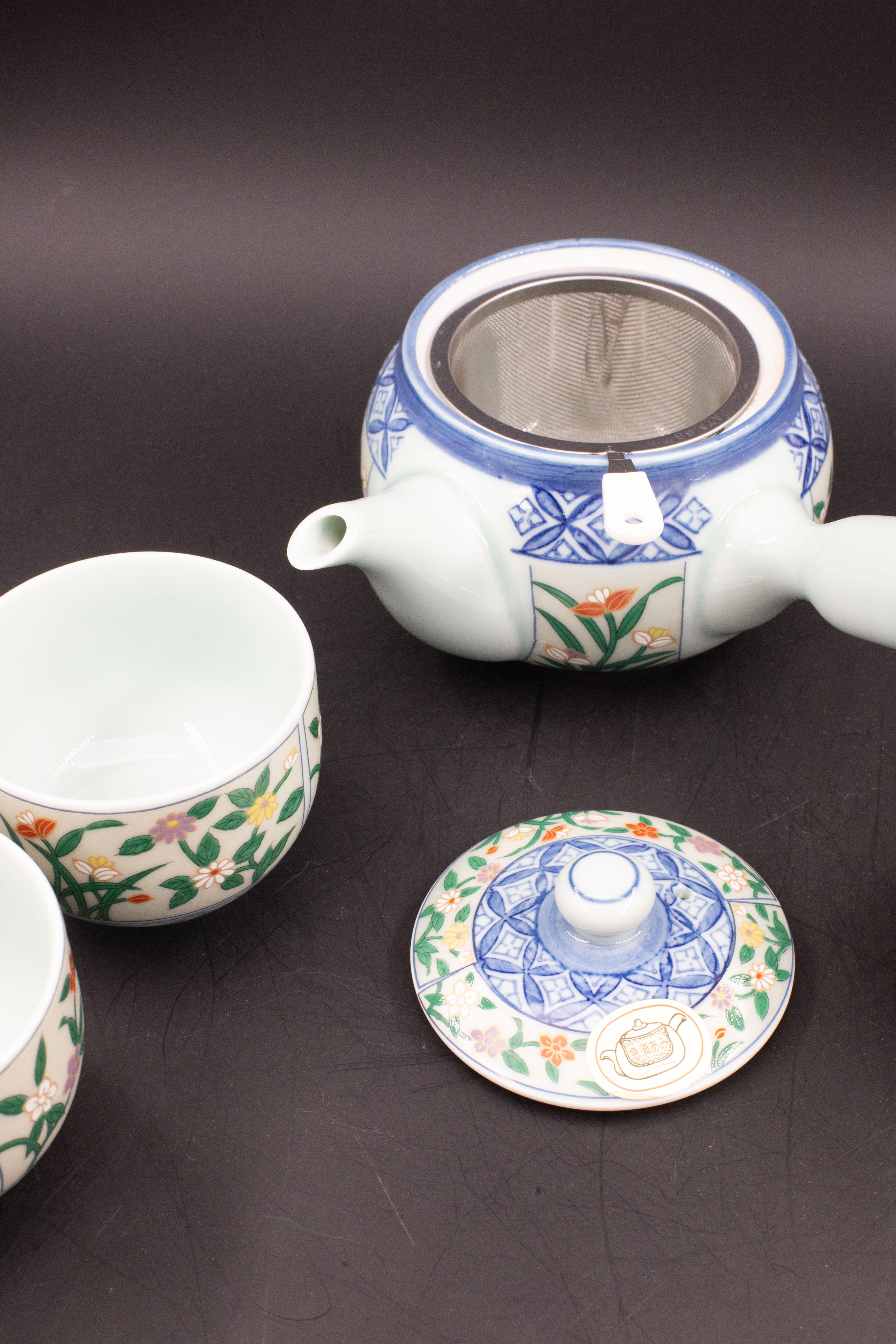 Japanese tea set tea pot strainer cups set of 6 hand painted celadon For Sale 5