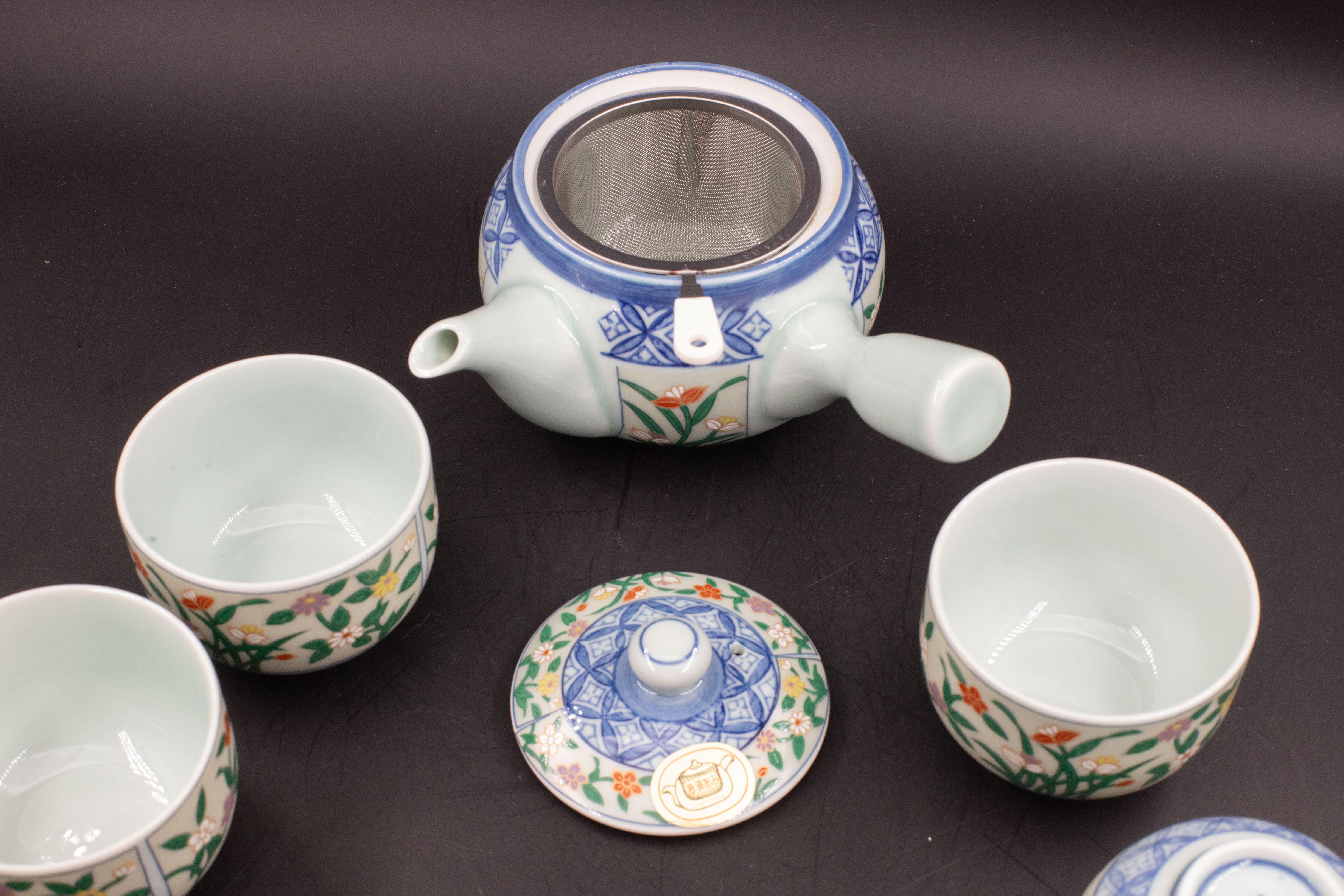 Japanese tea set tea pot strainer cups set of 6 hand painted celadon For Sale 6