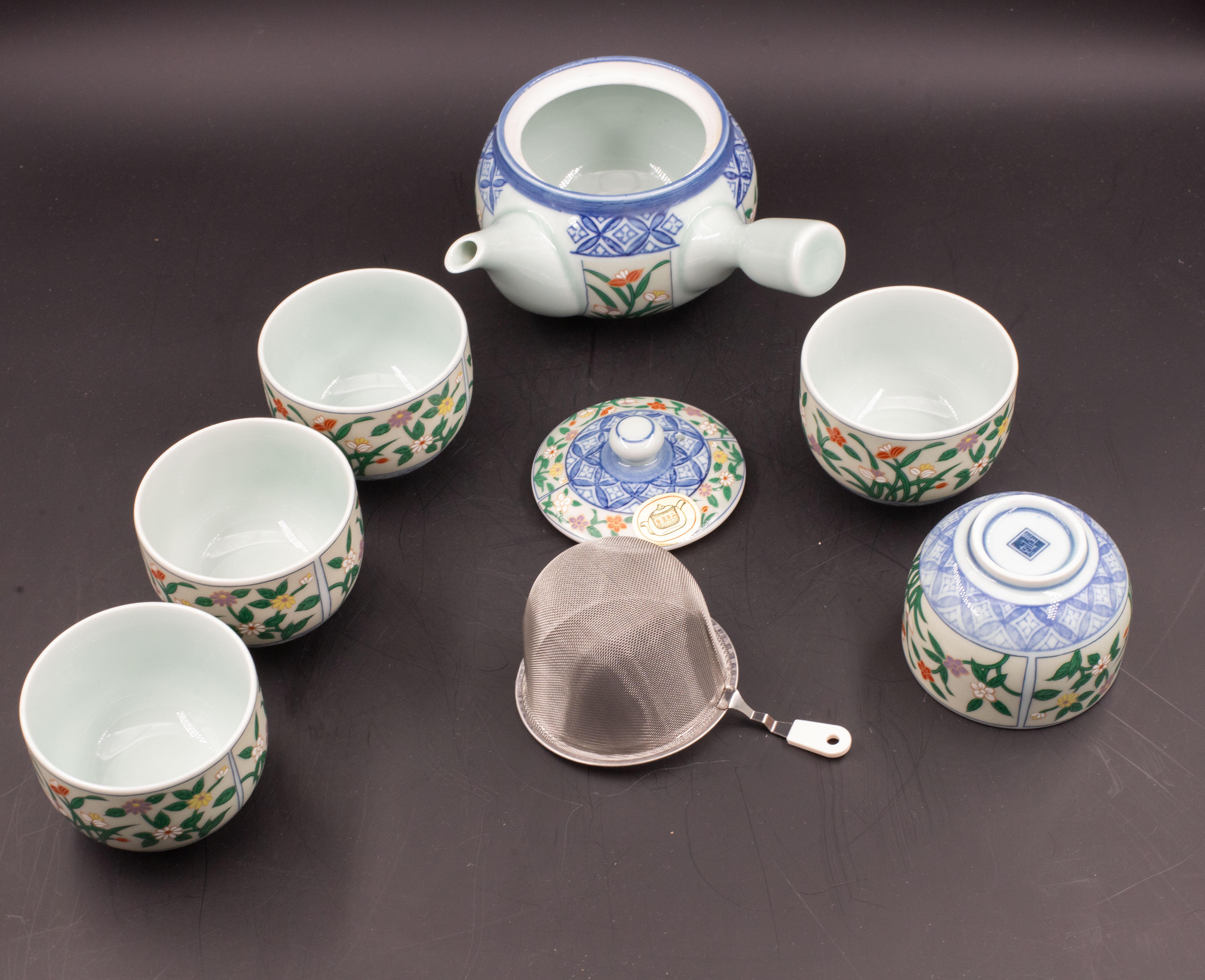 Japanese tea set tea pot strainer cups set of 6 hand painted celadon For Sale 7