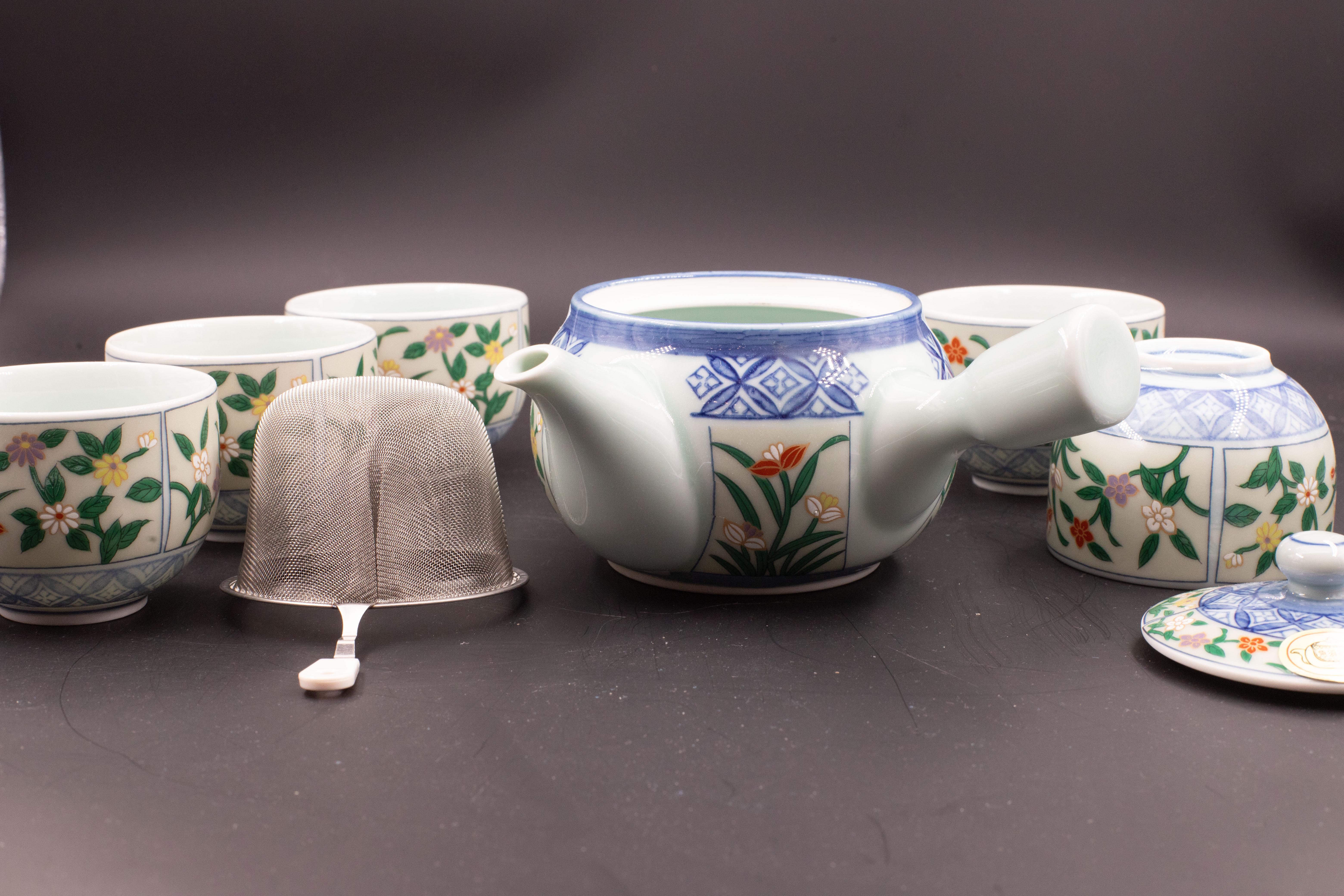 Japanese tea set tea pot strainer cups set of 6 hand painted celadon For Sale 8
