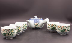 Japanese tea set tea pot strainer cups set of 6 hand painted celadon