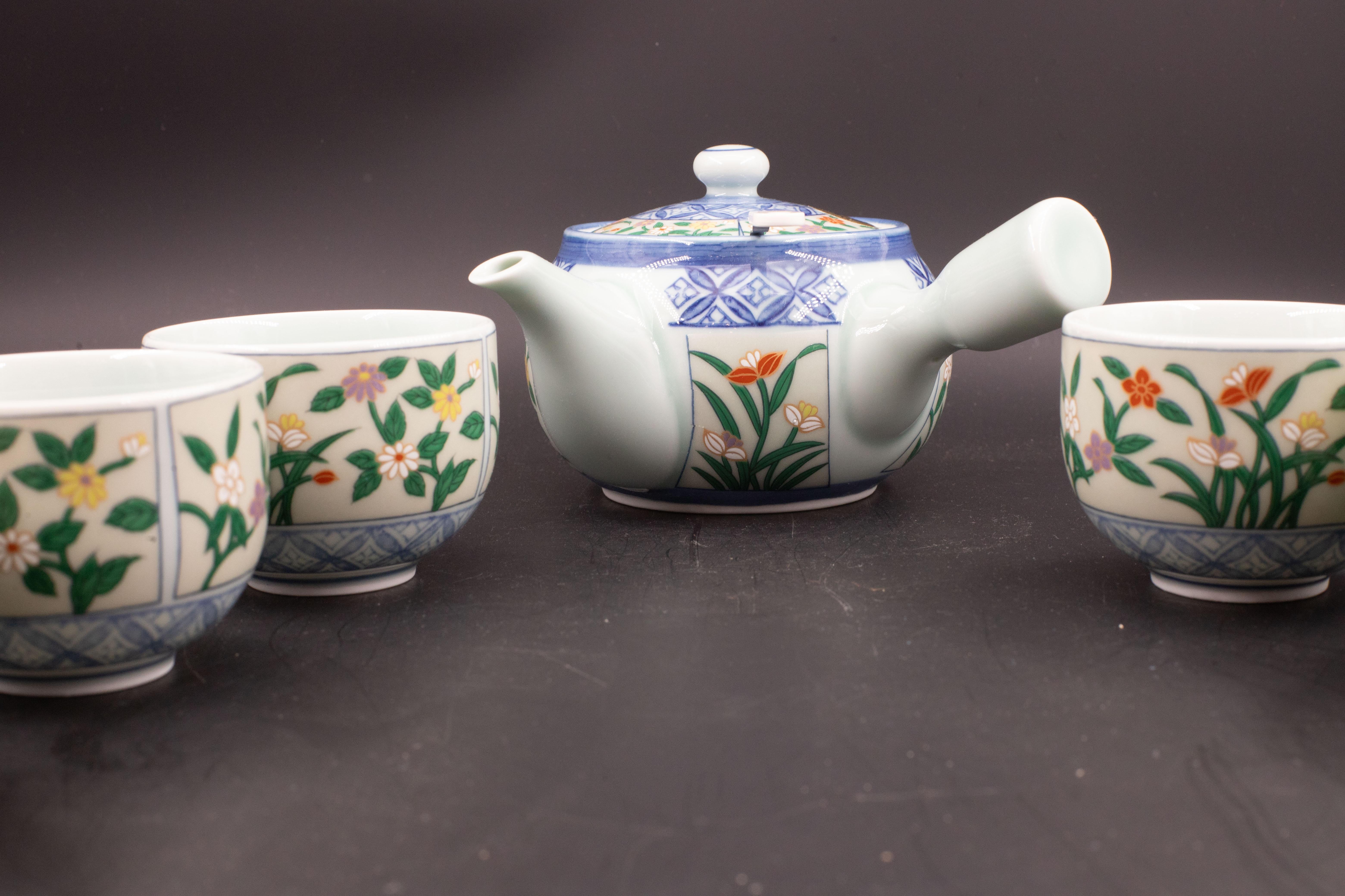 European Japanese tea set tea pot strainer cups set of 6 hand painted celadon For Sale