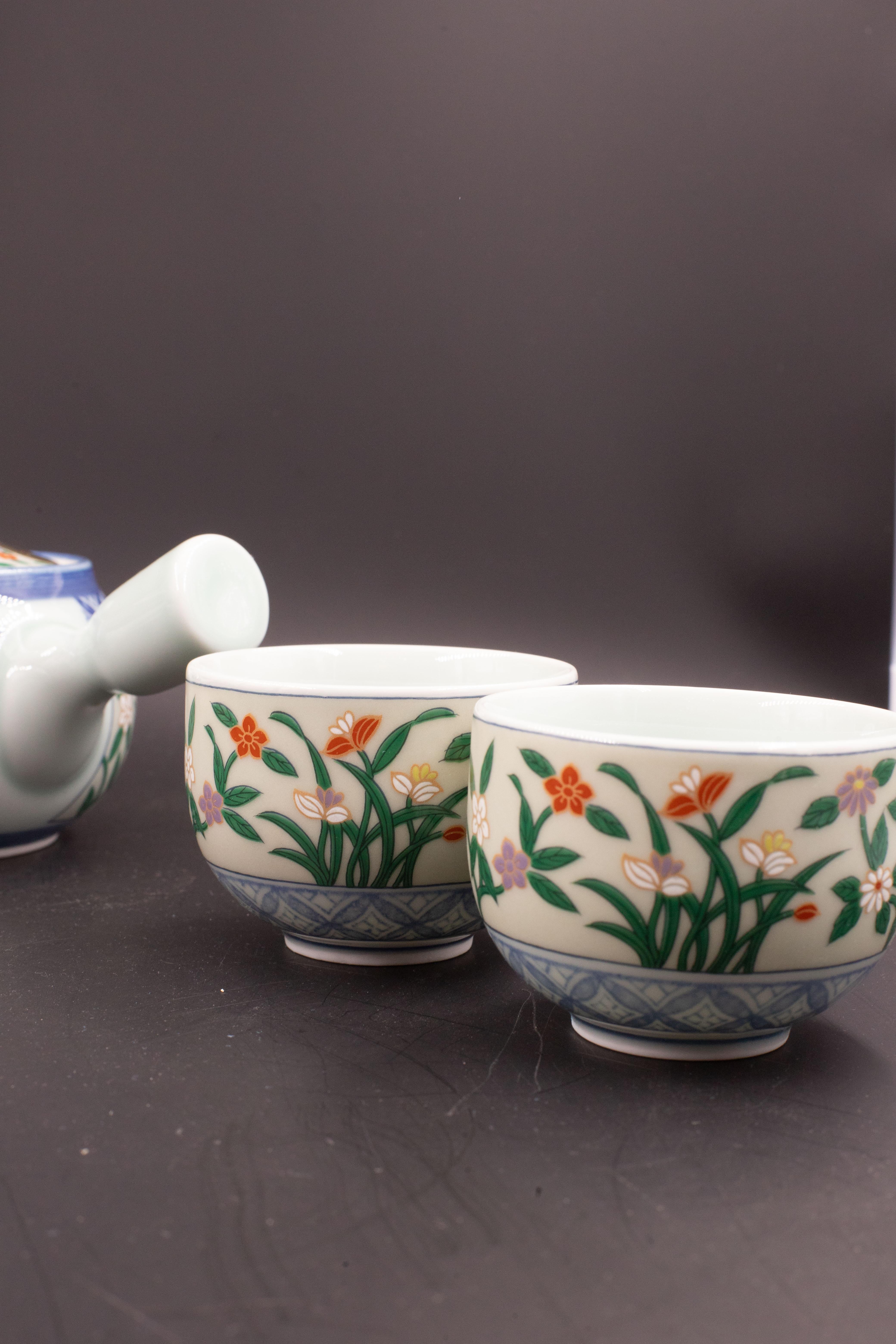Porcelain Japanese tea set tea pot strainer cups set of 6 hand painted celadon For Sale