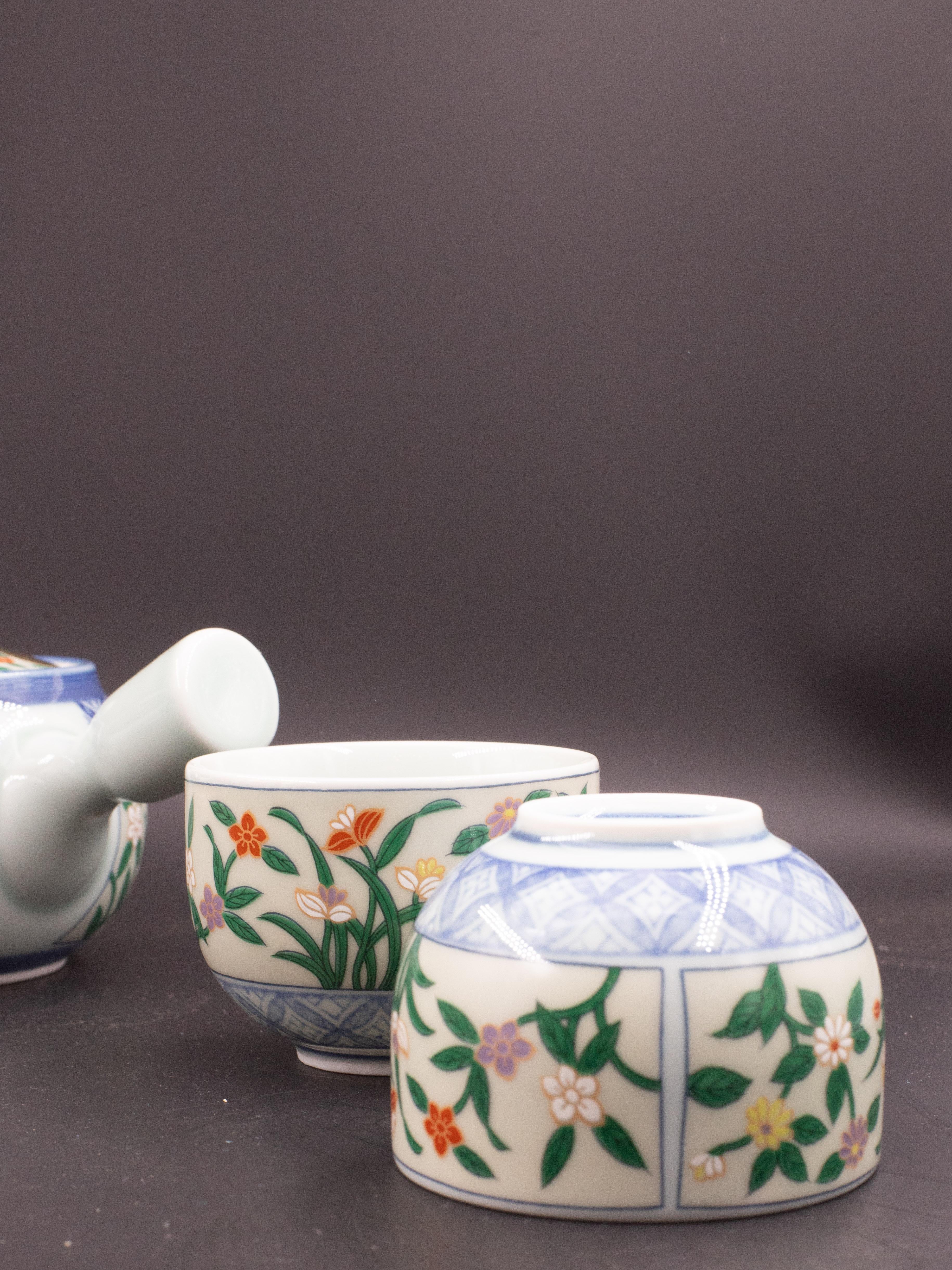Japanese tea set tea pot strainer cups set of 6 hand painted celadon For Sale 1