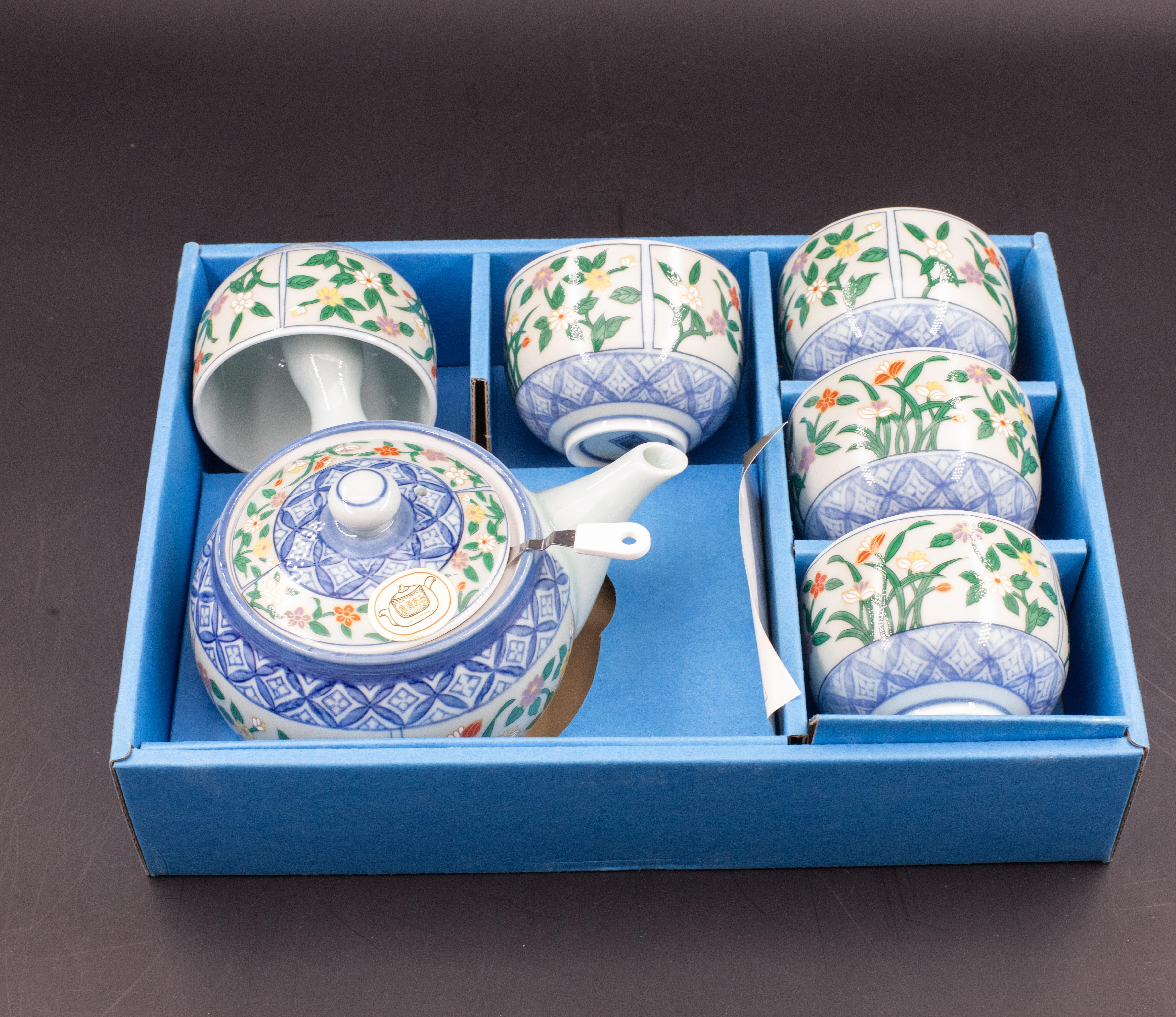 Japanese tea set tea pot strainer cups set of 6 hand painted celadon For Sale 2