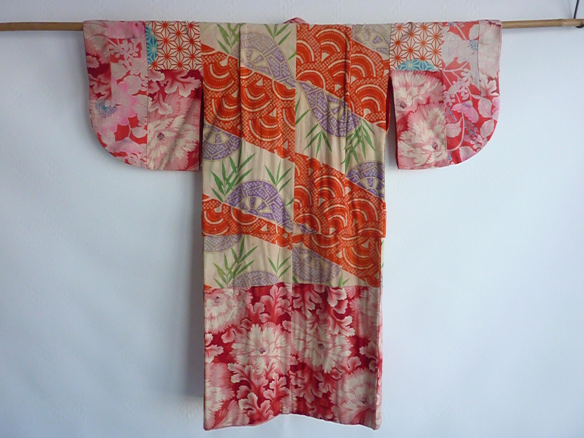 Japanese teen-size red cherry blossom printed patchwork vintage Kimono  5