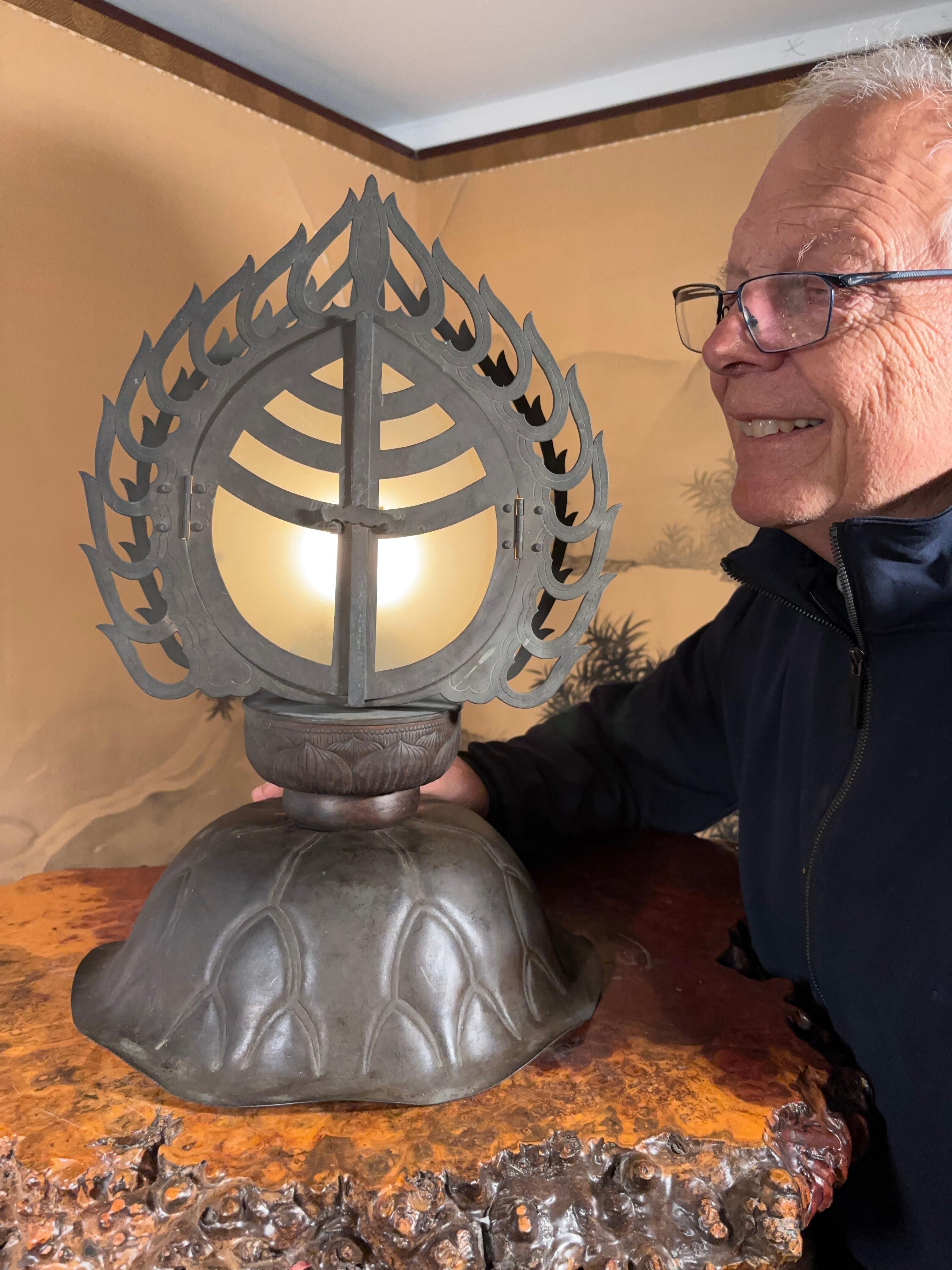 Rare Buddhist Antique Altar Lamp- First We've Seen

Japanese rare Early Taisho Period Circa 1920's Buddhist temple altar lamp in the shape of the 'hoju' -the sacred buddhist symbol of wish granting and good fortune.

This impressive large lamp which