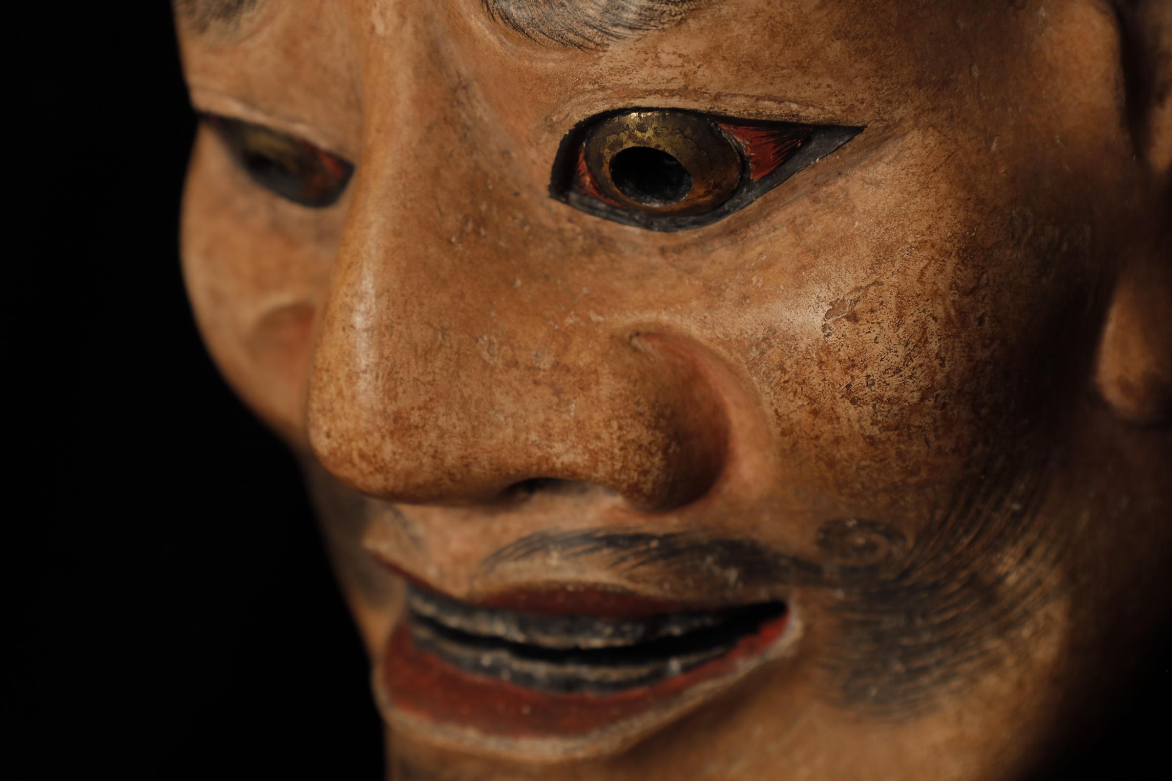 Bois Masque japonais Tenjin (天神) Noh. Attribué à Takada Fuki (高田 冨季) en vente