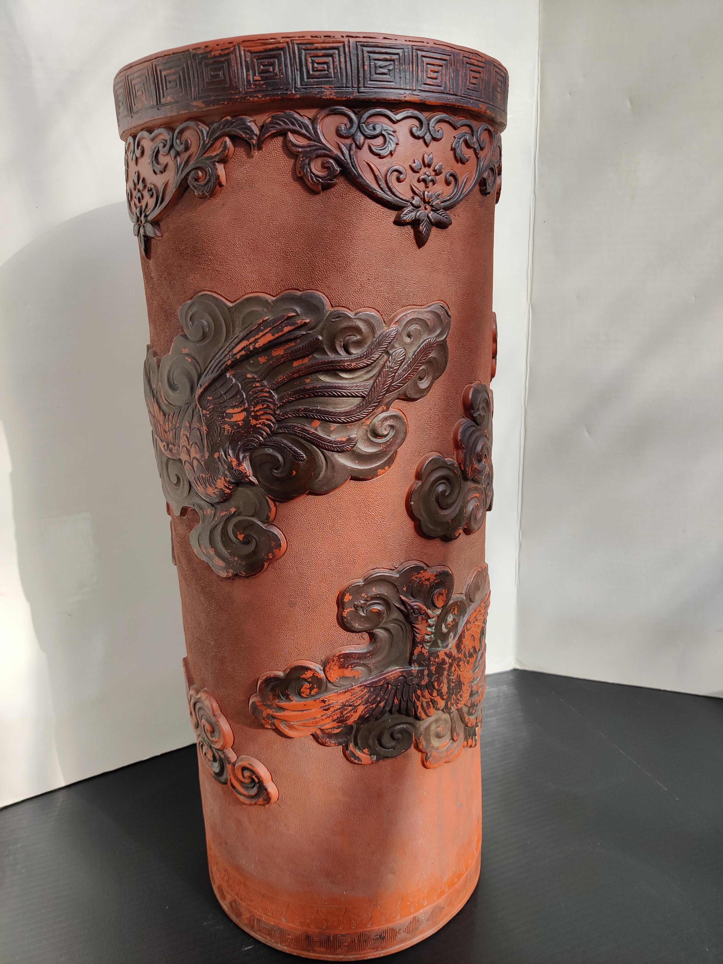 Japanese Terracotta Umbrella Stand with Birds For Sale 6