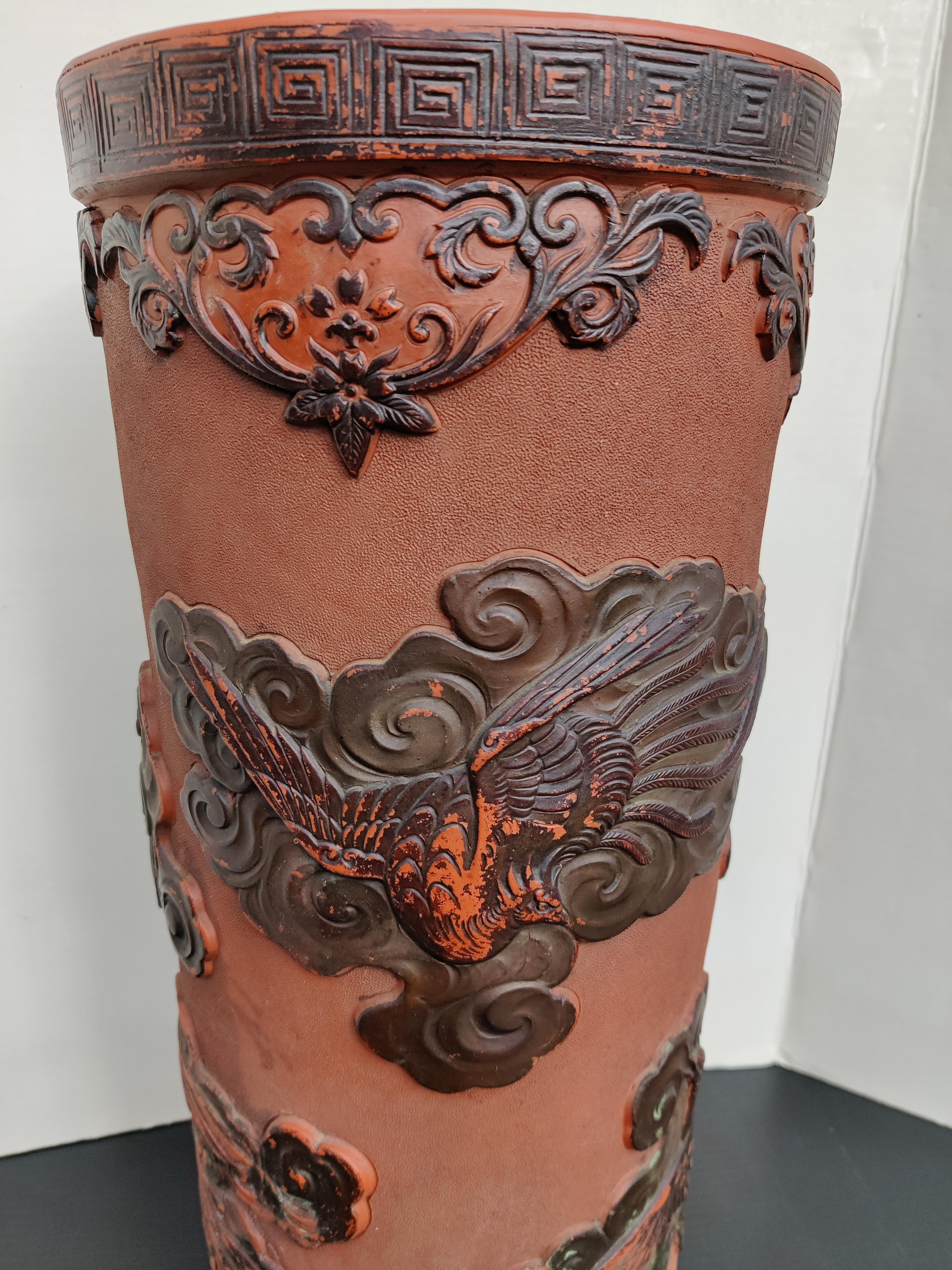 Antique Japanese Terracotta Umbrella Stand with Embossed Birds
No chips.   Some wear.   See pictures.
Marks are on bottom.   See pics. 
