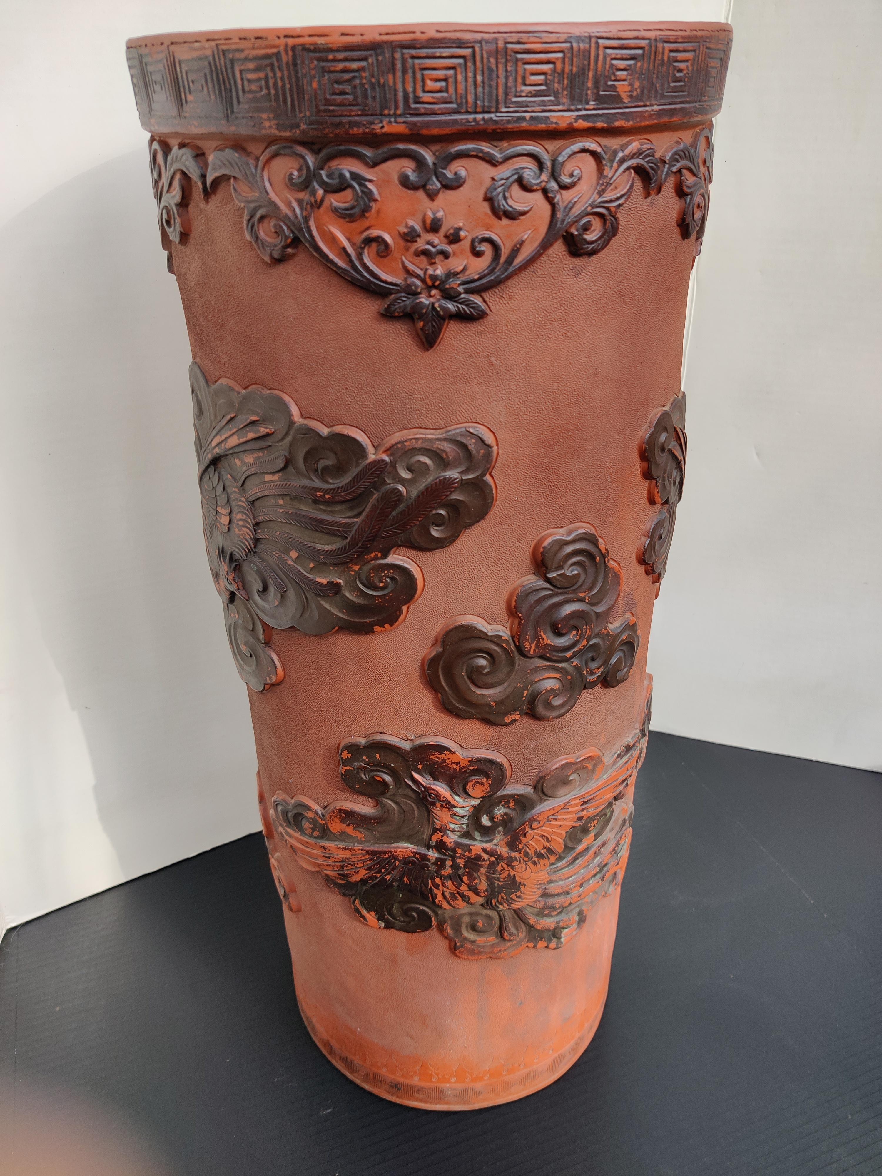 20th Century Japanese Terracotta Umbrella Stand with Birds For Sale