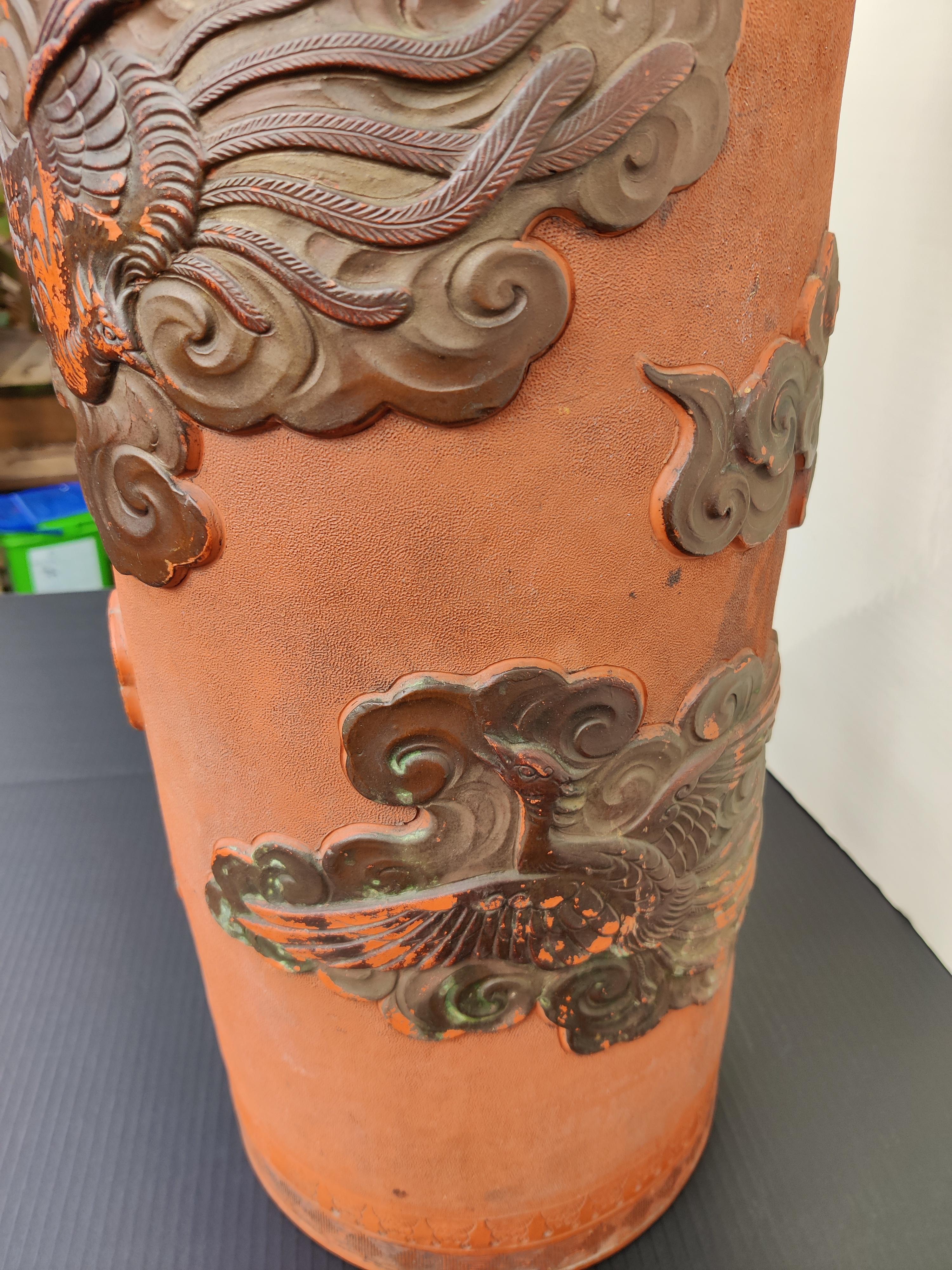 Japanese Terracotta Umbrella Stand with Birds For Sale 5