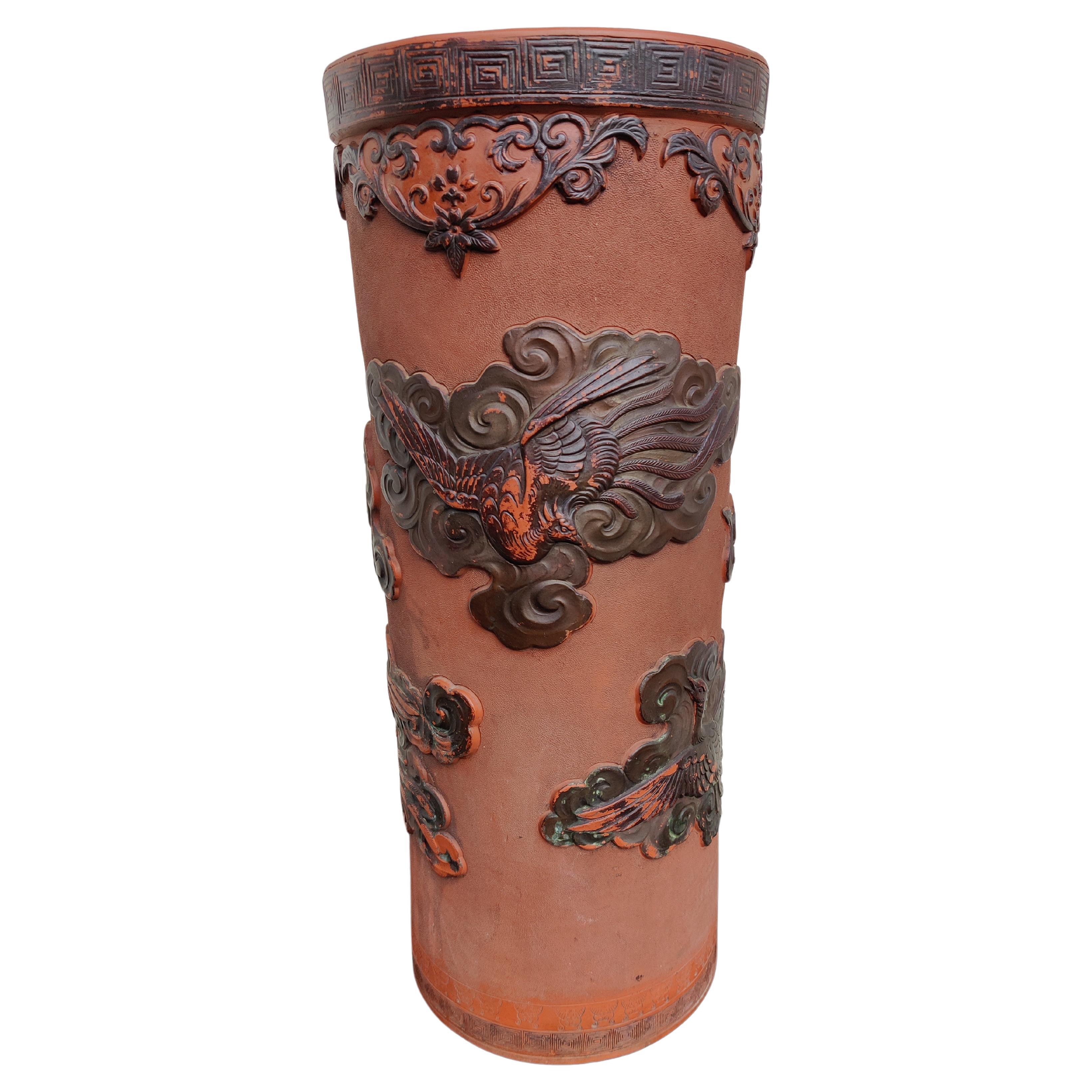 Japanese Terracotta Umbrella Stand with Birds For Sale