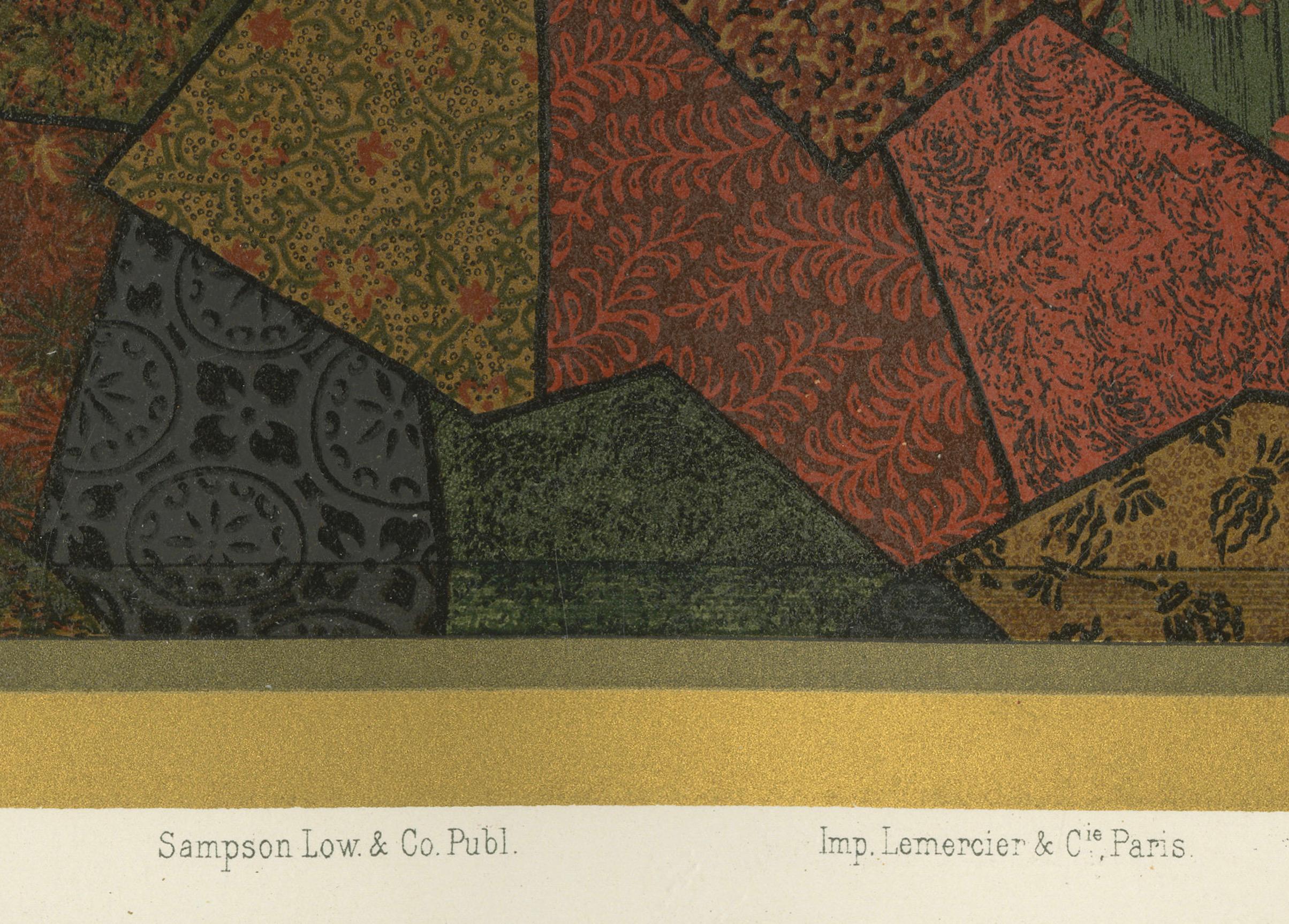 Titre : Motif de patchwork textile japonais : Lithographie ancienne, années 1880

Description :
Cette vibrante lithographie des années 1880 présente un patchwork complexe de motifs textiles japonais, arrangés avec art pour mettre en valeur la
