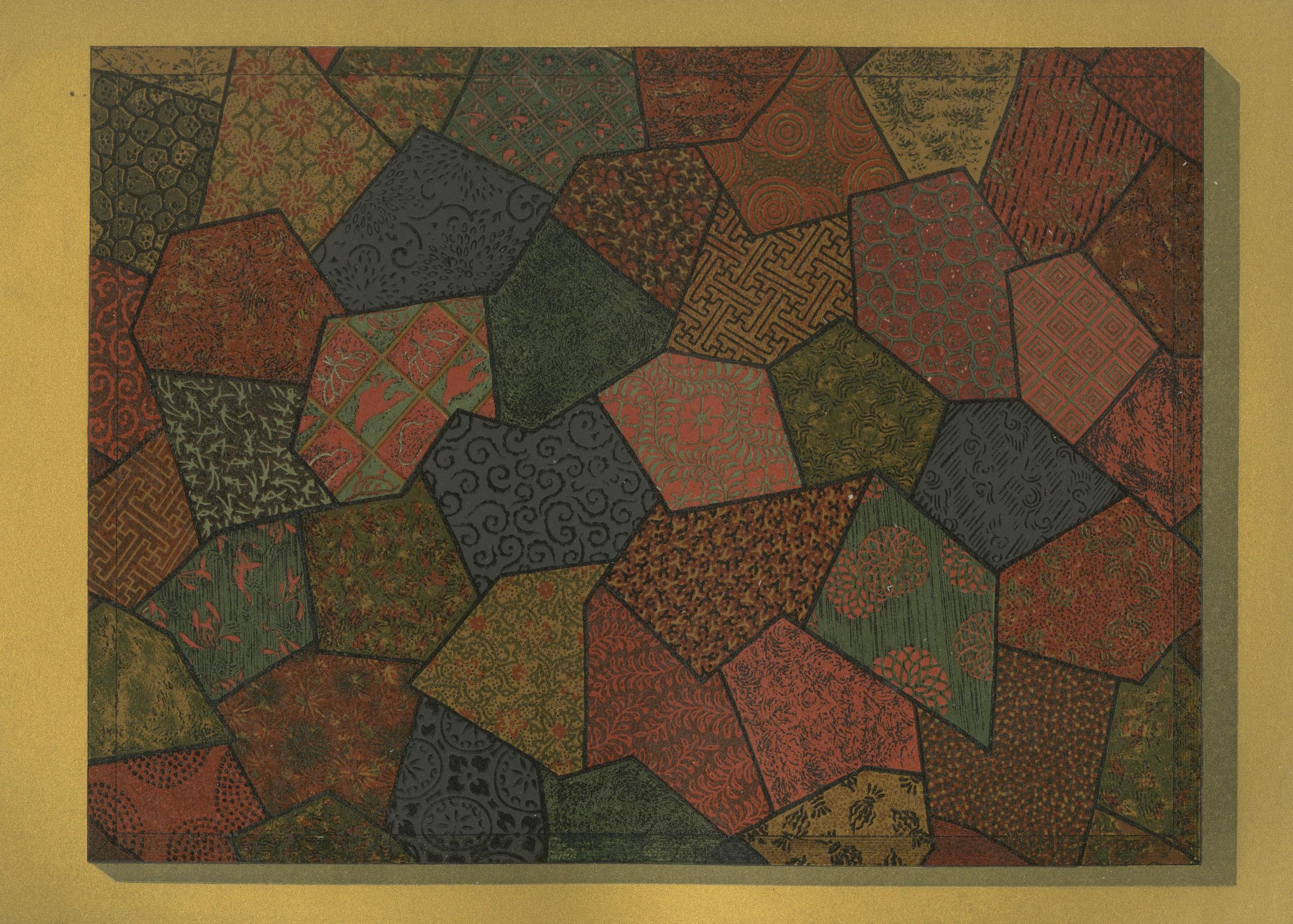 Papier Motif de patchwork textile japonais : Lithographie ancienne, années 1880 en vente