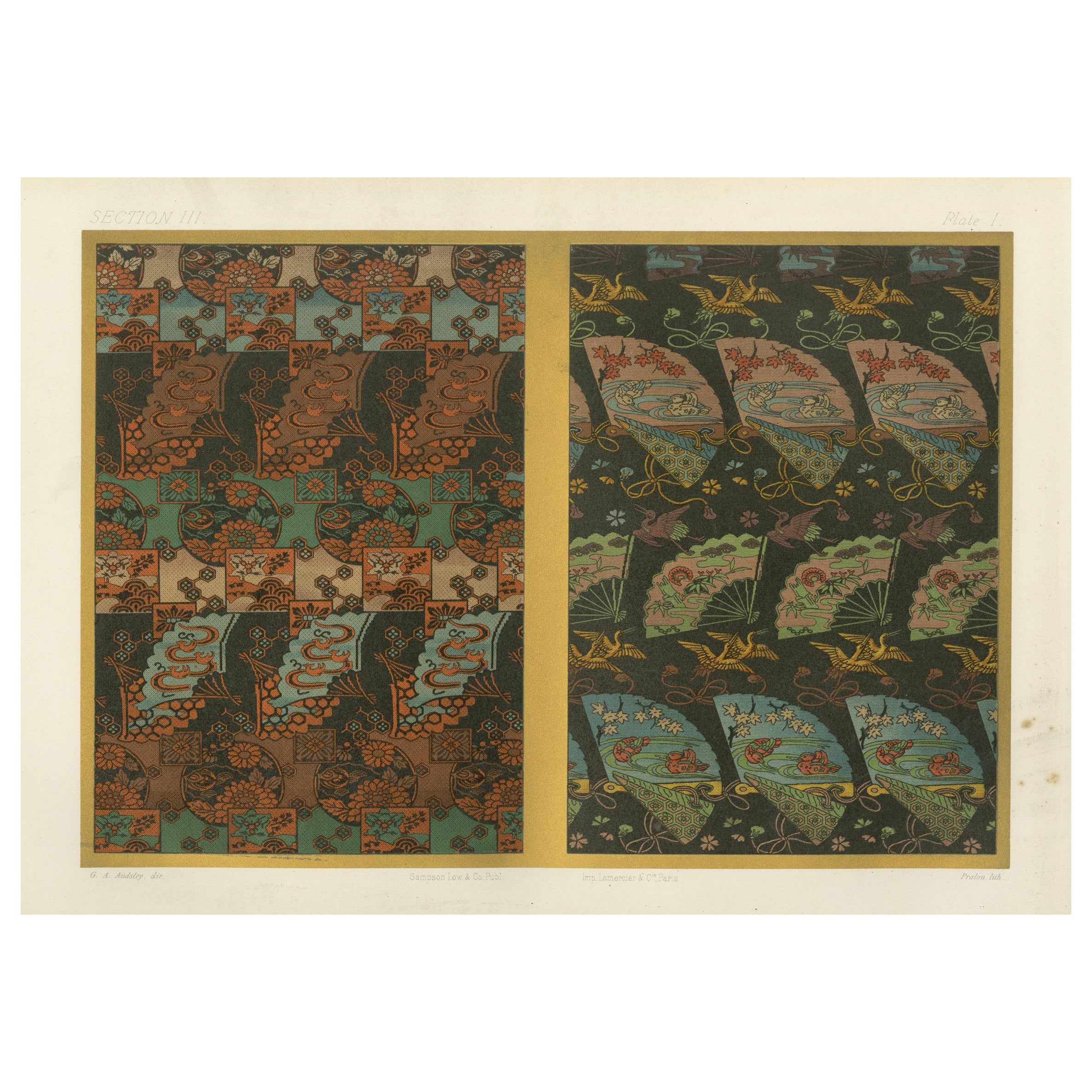 Motifs textiles japonais aux couleurs riches : Lithographie ancienne, années 1880