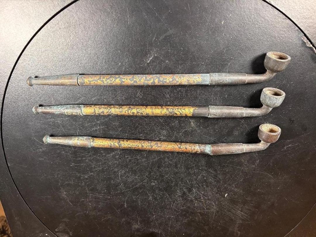 Meiji Japanese Three Antique Gilt Pipes Kiseru Rare Find From Kyoto