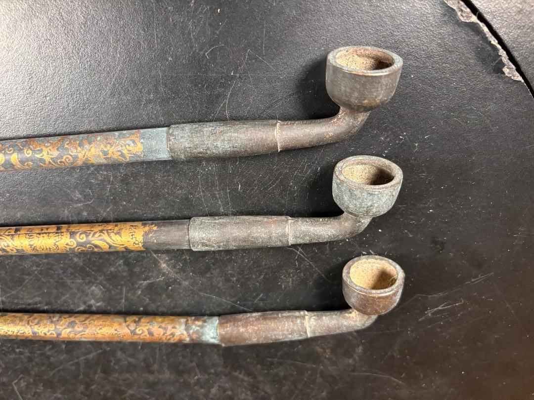 Cast Japanese Three Antique Gilt Pipes Kiseru Rare Find From Kyoto