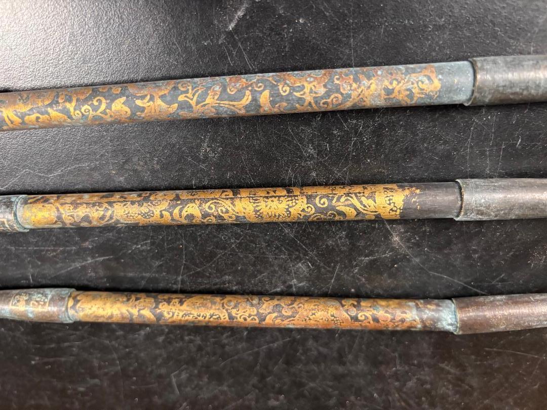 Japanese Three Antique Gilt Pipes Kiseru Rare Find From Kyoto In Good Condition In South Burlington, VT