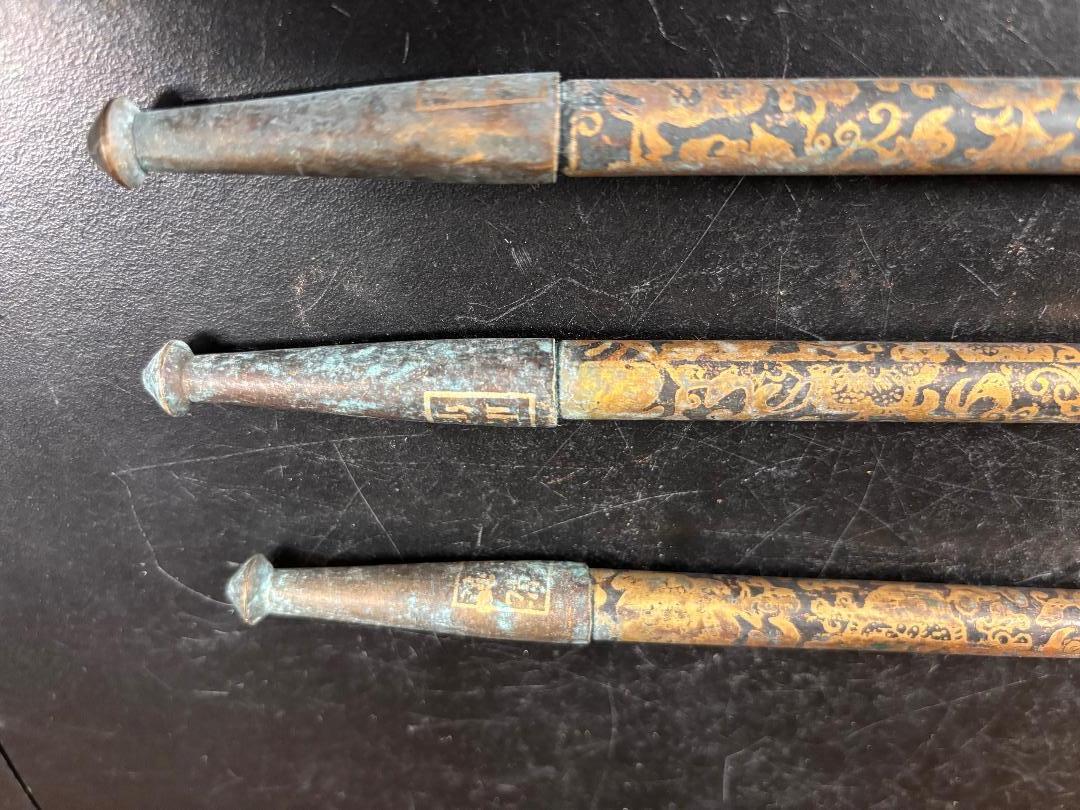 20th Century Japanese Three Antique Gilt Pipes Kiseru Rare Find From Kyoto