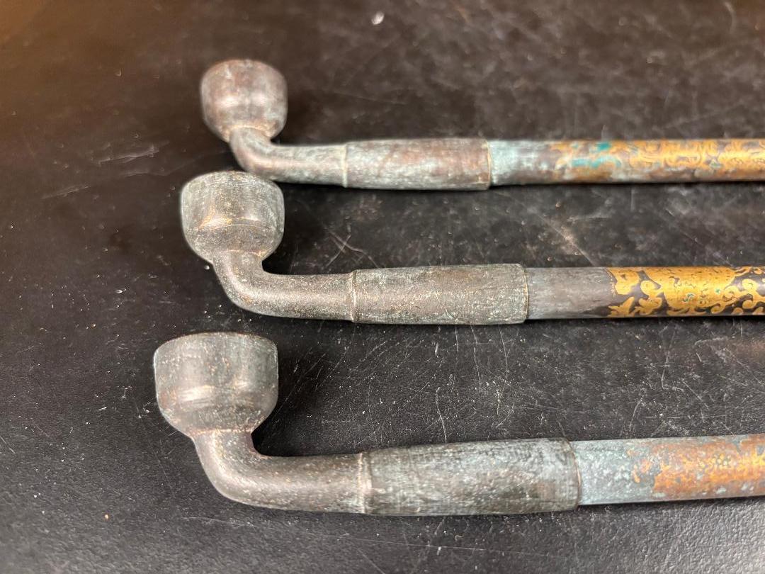 Metal Japanese Three Antique Gilt Pipes Kiseru Rare Find From Kyoto