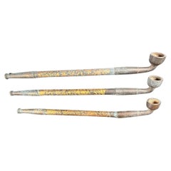 Japanese Three Antique Gilt Pipes Kiseru Rare Find From Kyoto