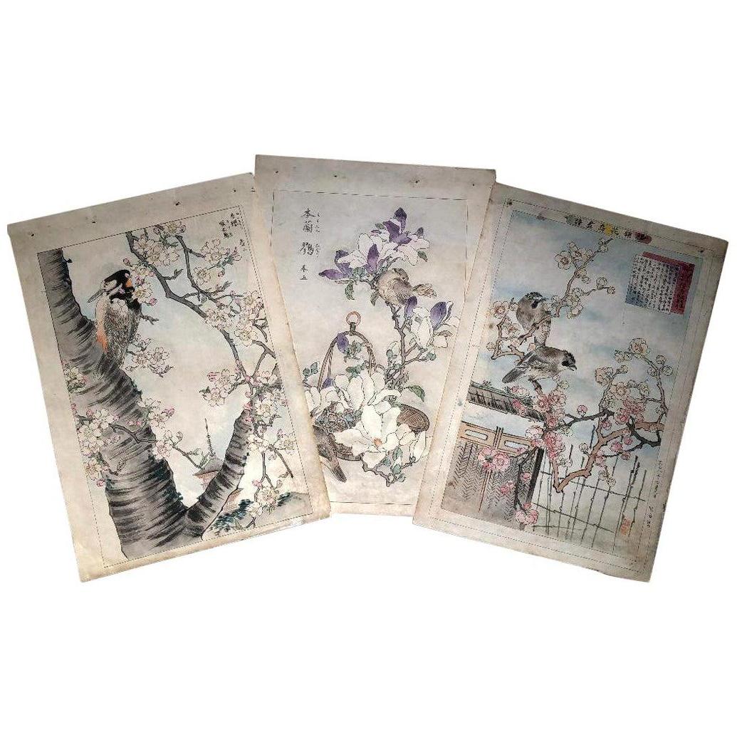 Japanese Three "Birds & Flowers" Woodblock Prints, Kono Bairei 1899