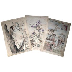 Antique Japanese Three "Birds & Flowers" Woodblock Prints, Kono Bairei 1899