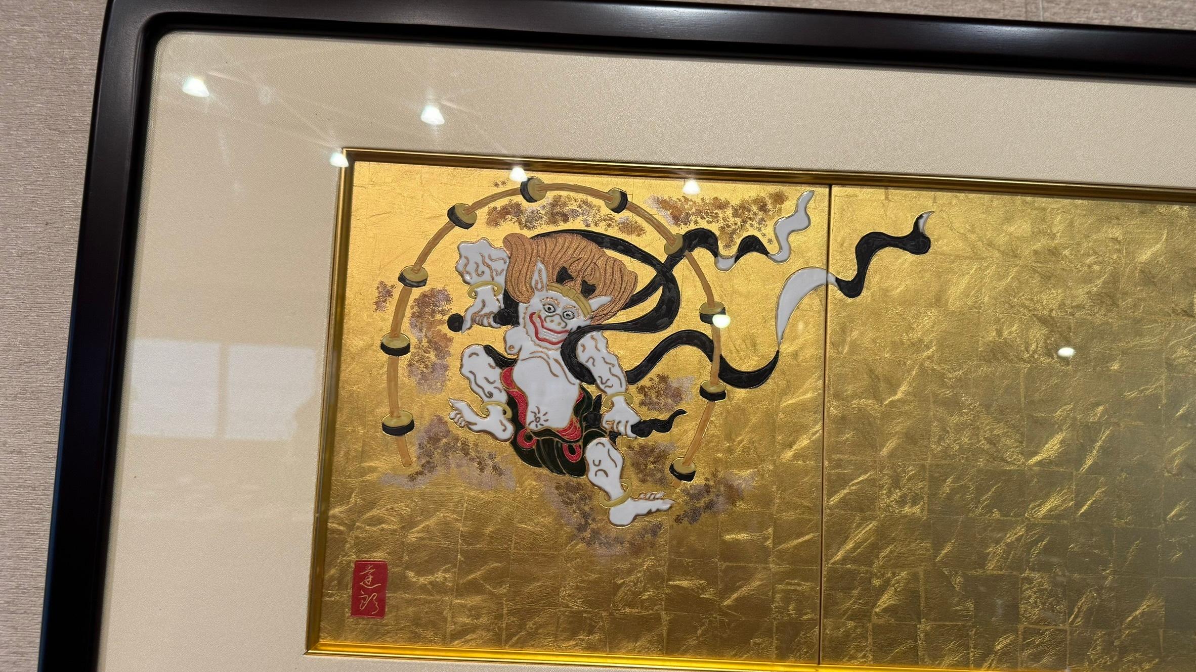 Meiji Japanese Three Panel Framed Gold Black White Porcelain Artwork by Master Artist For Sale