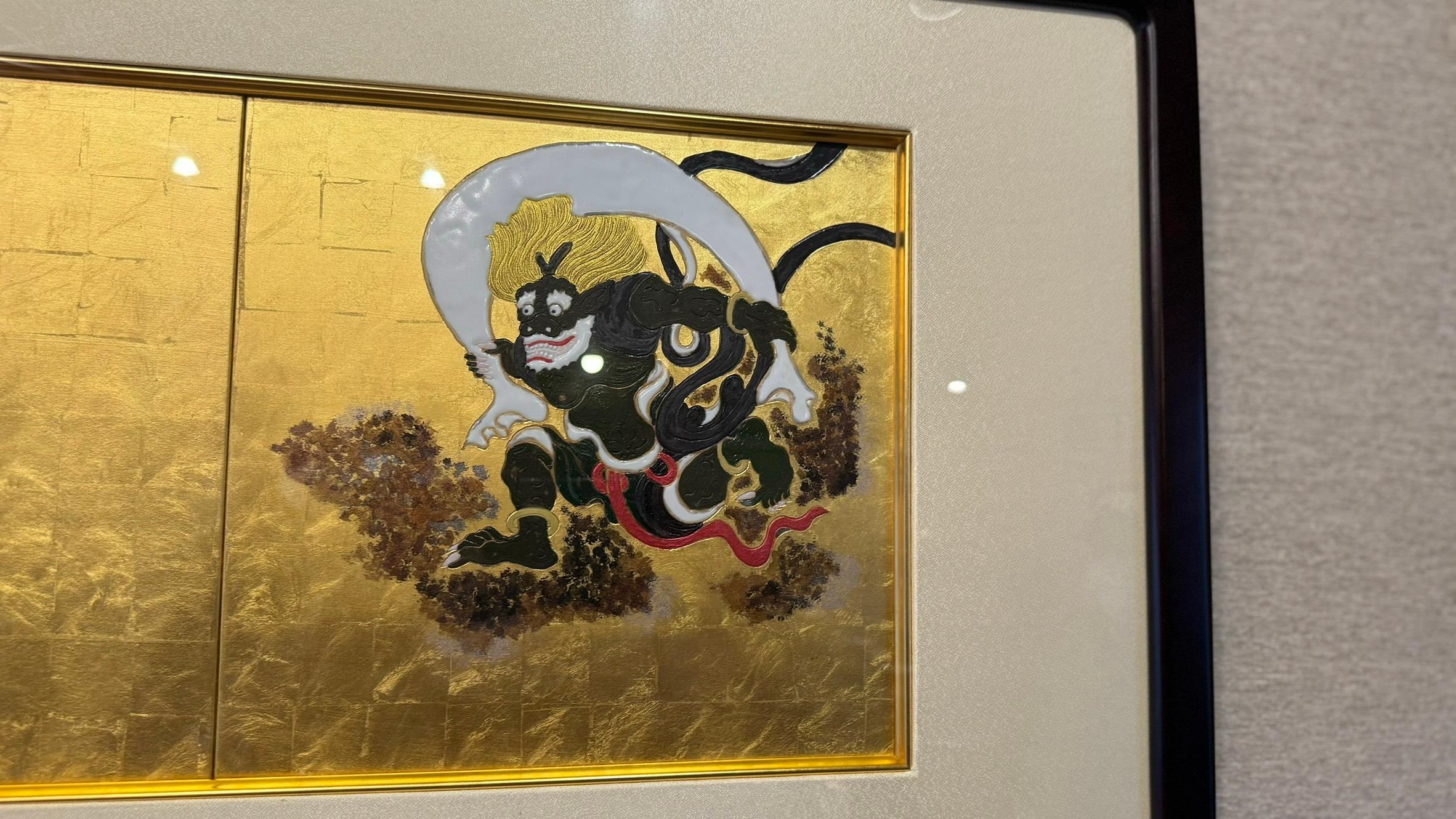 Gilt Japanese Three Panel Framed Gold Black White Porcelain Artwork by Master Artist For Sale