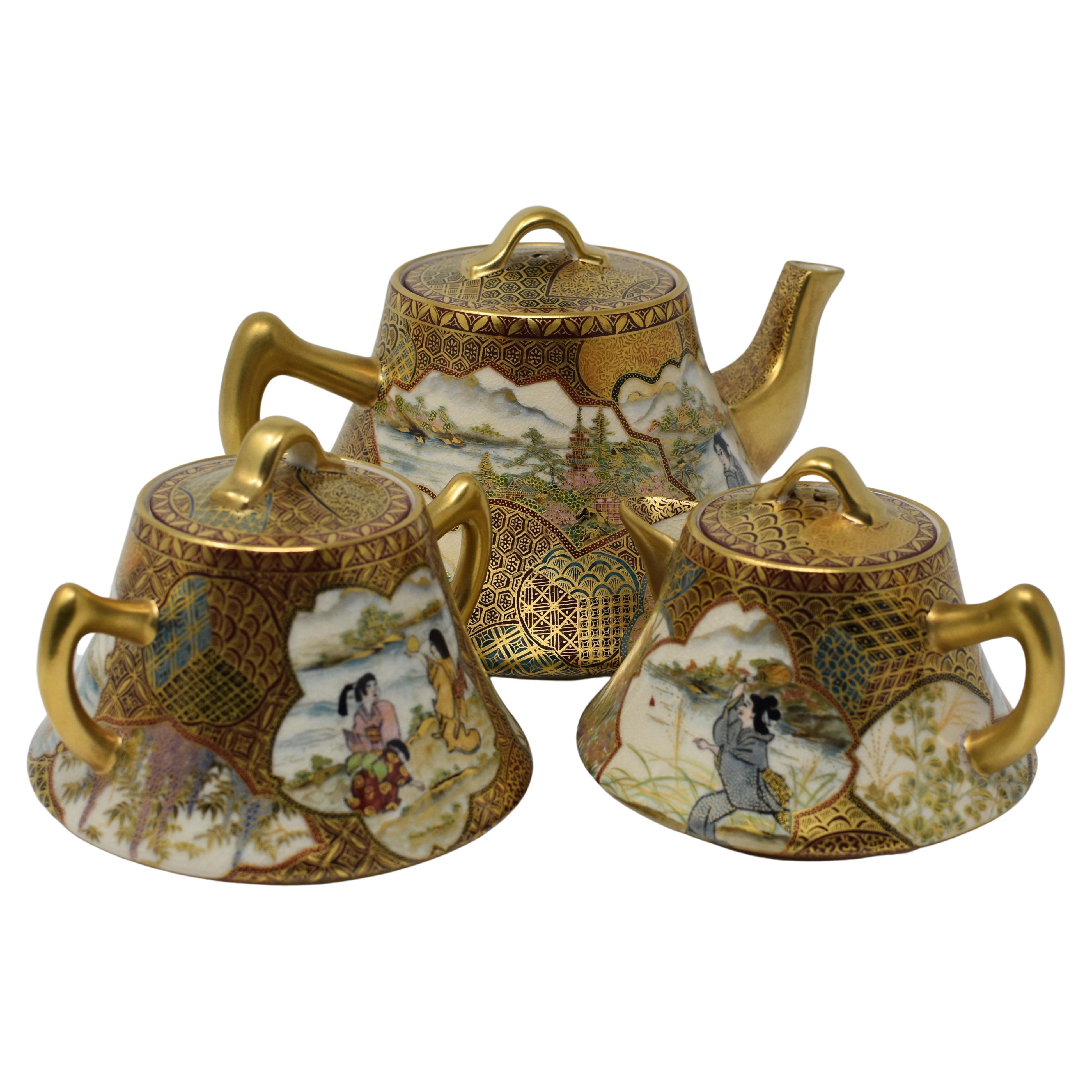 Japanese Three-Piece Porcelain Tea Service Set Contemporary Gold Red Kutani