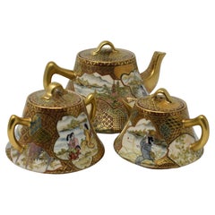 Japanese Three-Piece Porcelain Tea Service Set Contemporary Gold Red Kutani