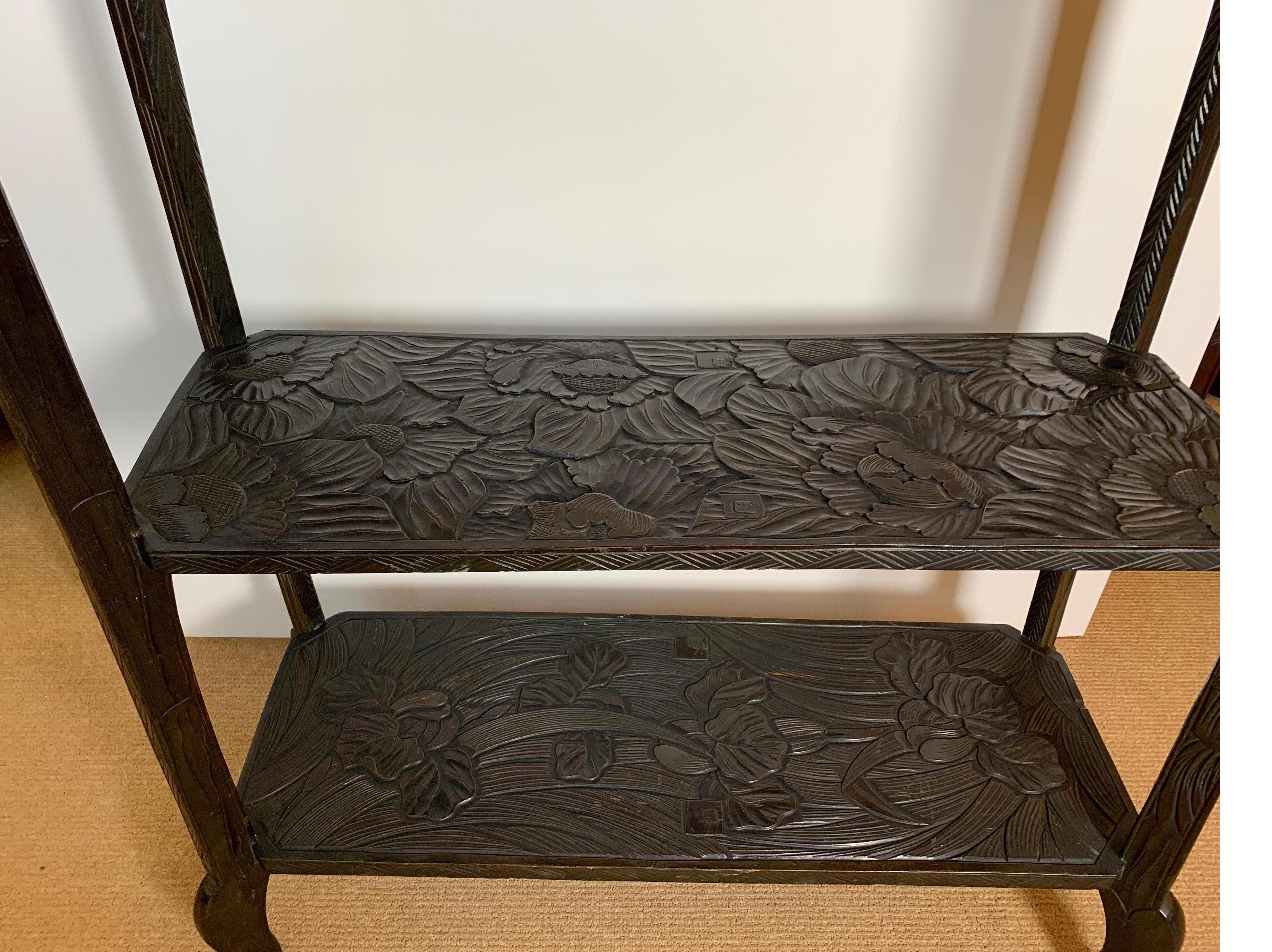 Art Nouveau Japanese Three-Tiered Shelf Hand Carved in a Botanical Motif