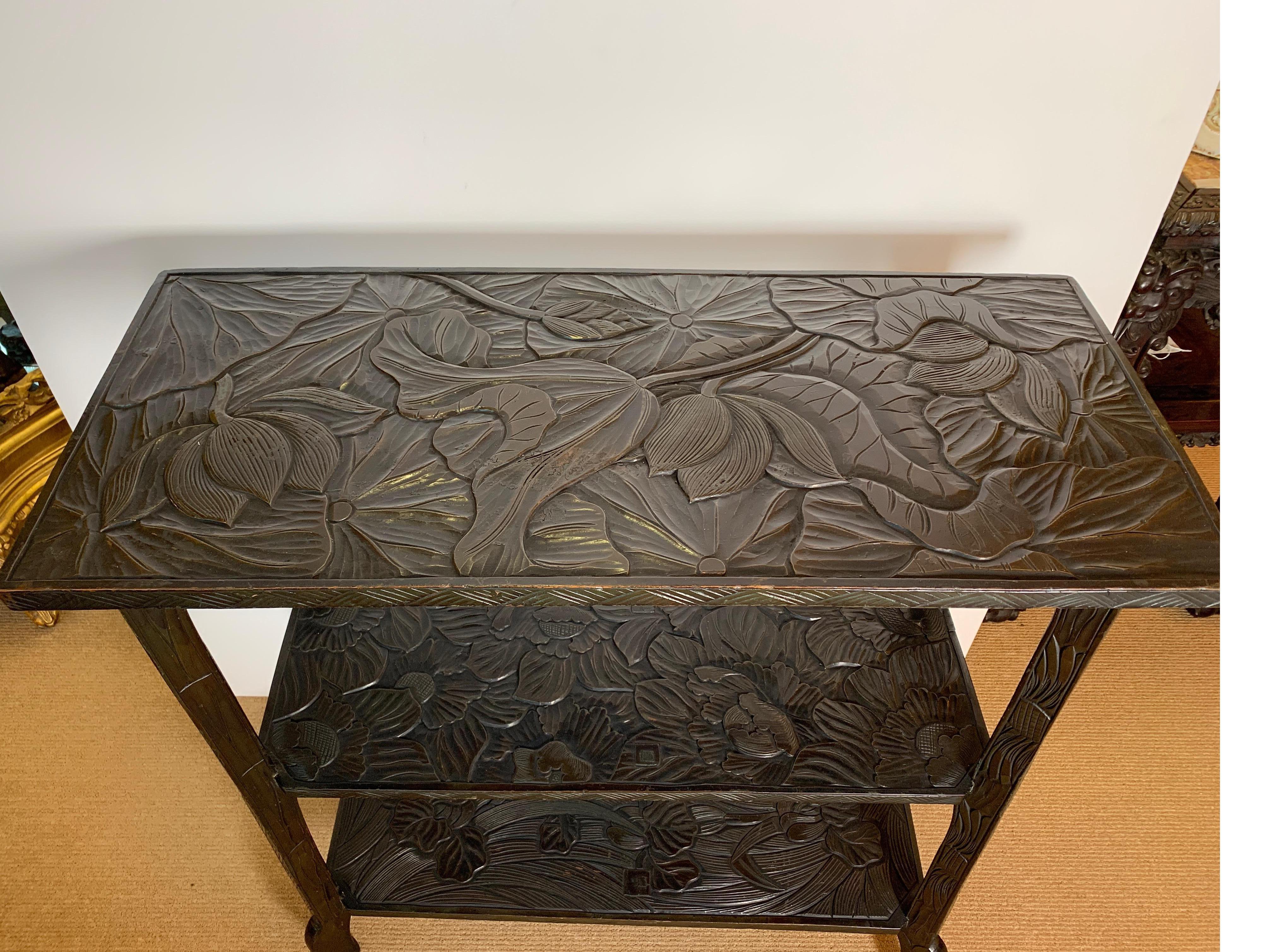 Japanese Three-Tiered Shelf Hand Carved in a Botanical Motif In Good Condition In Lambertville, NJ