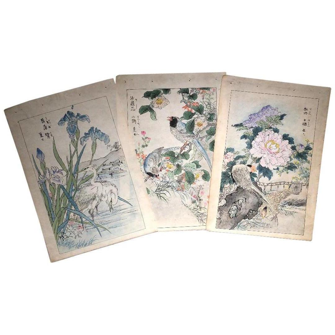 Japanese Three "Water Fowl & Flowers" Large Woodblock Prints, Kono Bairei, 1899