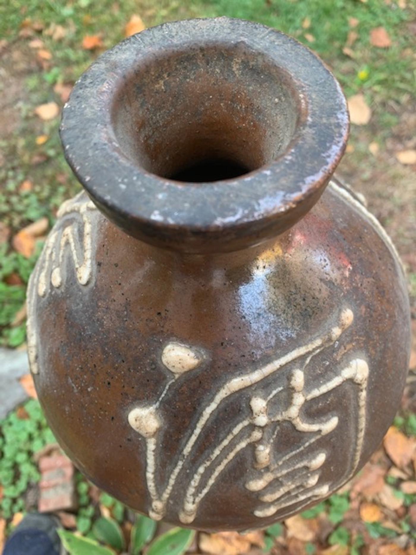 19th Century Japanese Tokkuri, 'Sake or Shochu Bottle' with High Relief Glazed Characters For Sale