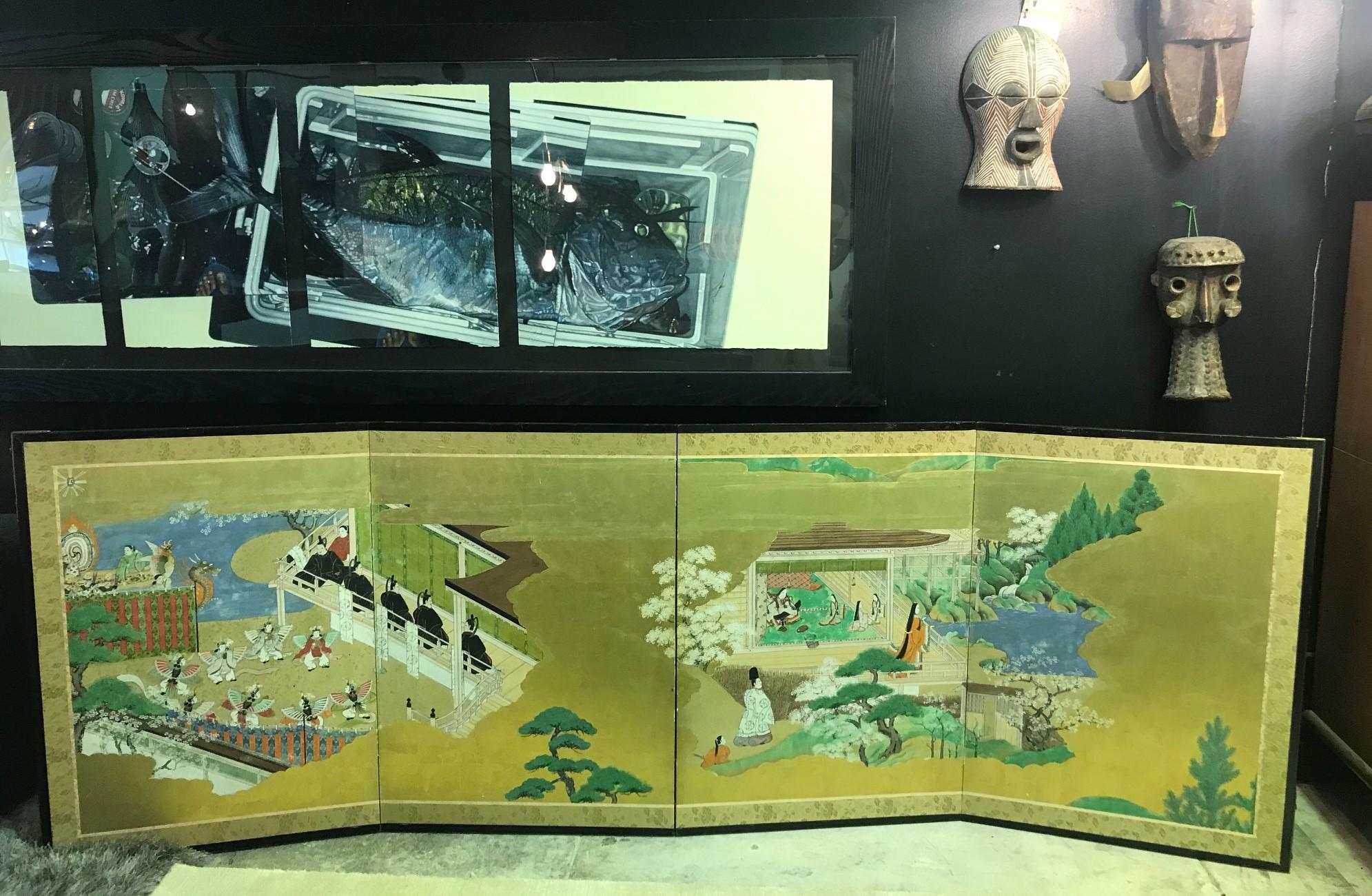 Hand-Painted Japanese Tosa School Four-Panel Folding Byobu Screen 