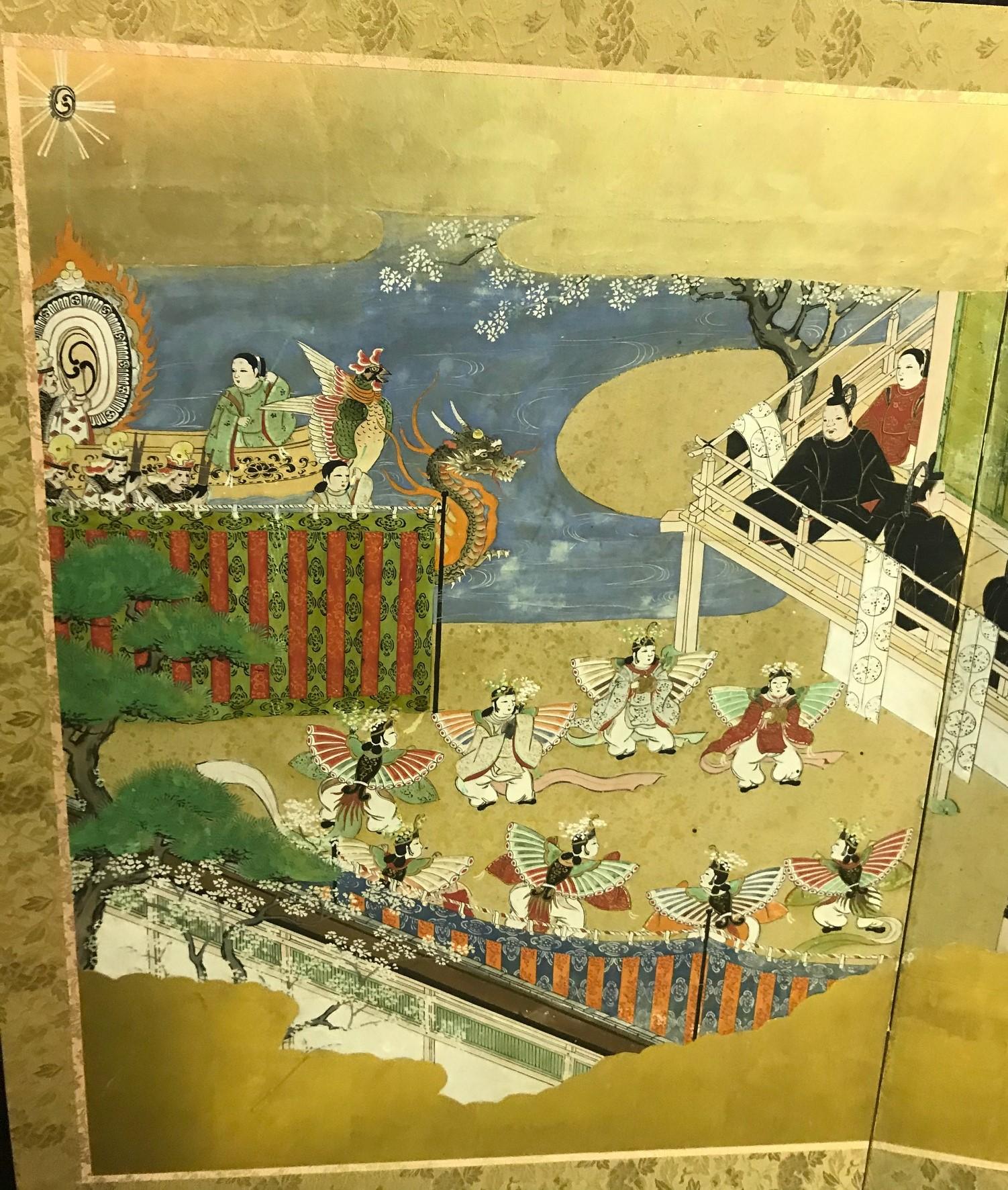 18th Century and Earlier Japanese Tosa School Four-Panel Folding Byobu Screen 