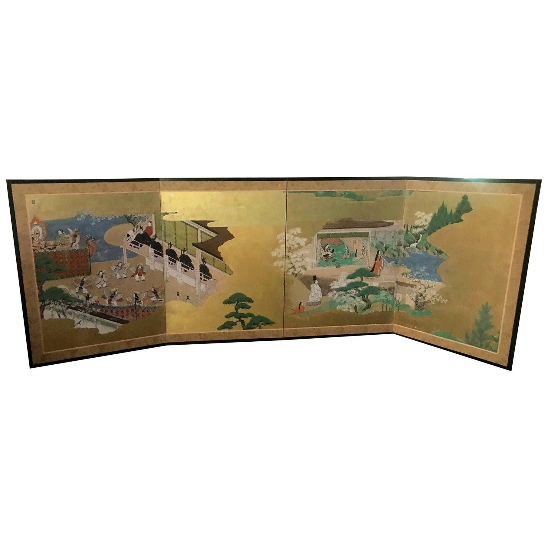 Japanese Tosa School Four-Panel Folding Byobu Screen "Tales of Genji", 1800 Edo