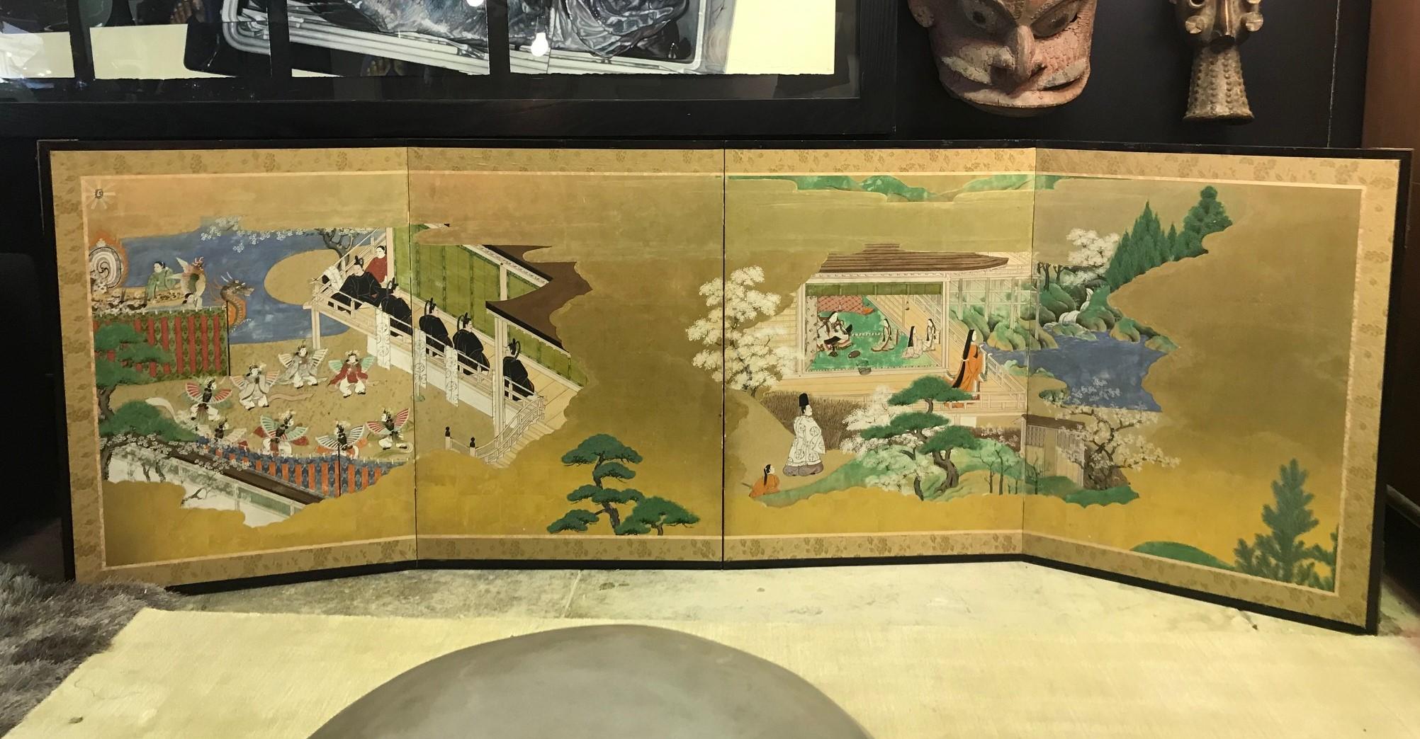 A mesmerizing and gorgeously conceived Edo period four-panel Byobu screen with intricately hand painted Imperial courtyard scenes, flowing waters, green treed rolling landscapes on gold leaf by a member of the famed Tosa School and based on the