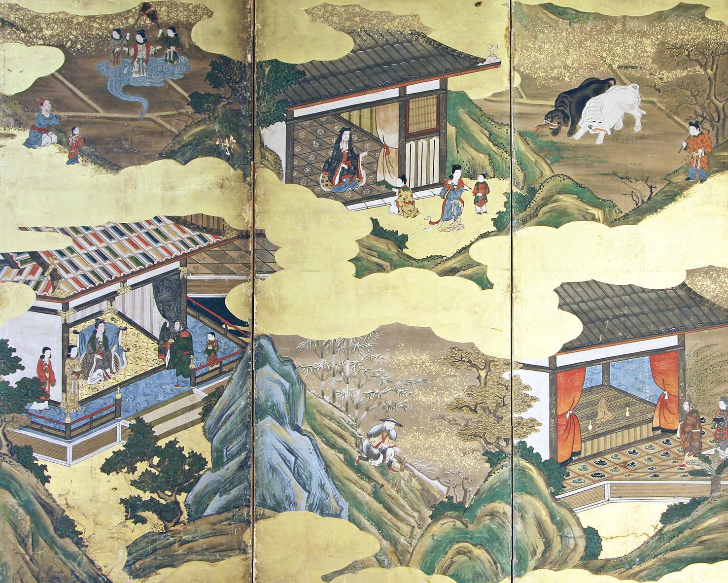 Edo Japanese Tosa School Framed Six Panel Screen Gold Leaf For Sale