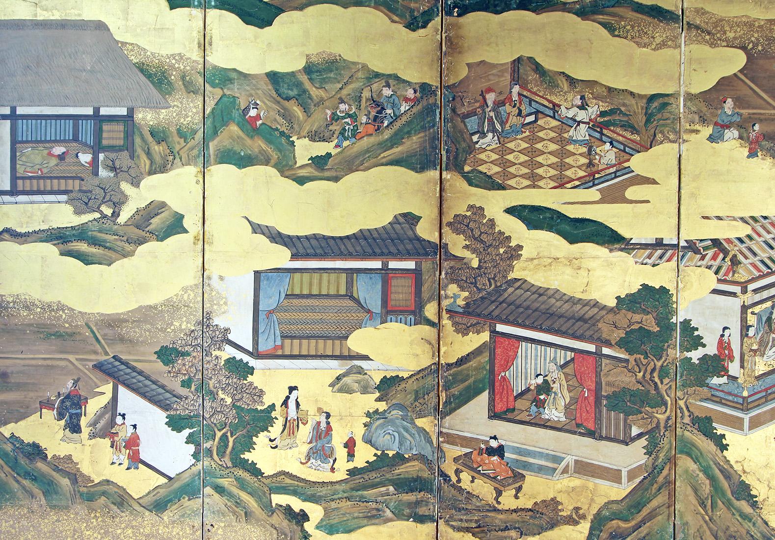 Hand-Painted Japanese Tosa School Framed Six Panel Screen Gold Leaf For Sale