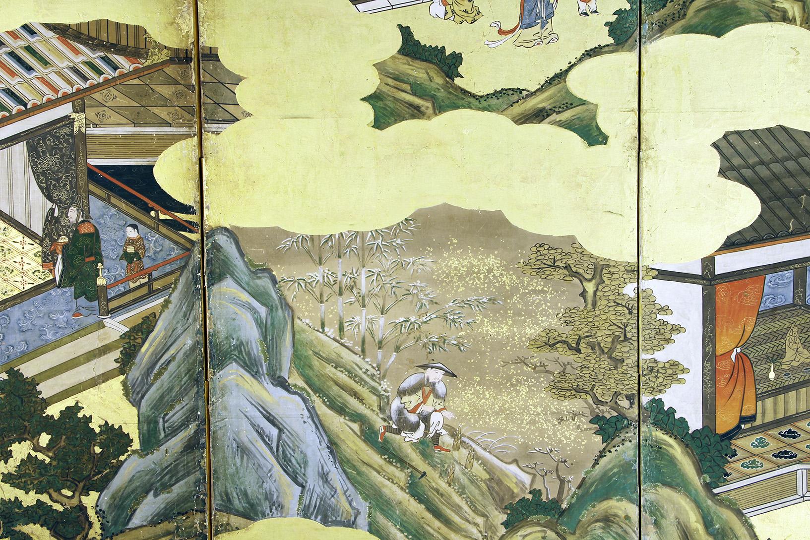 Japanese Tosa School Framed Six Panel Screen Gold Leaf In Good Condition For Sale In Brescia, IT
