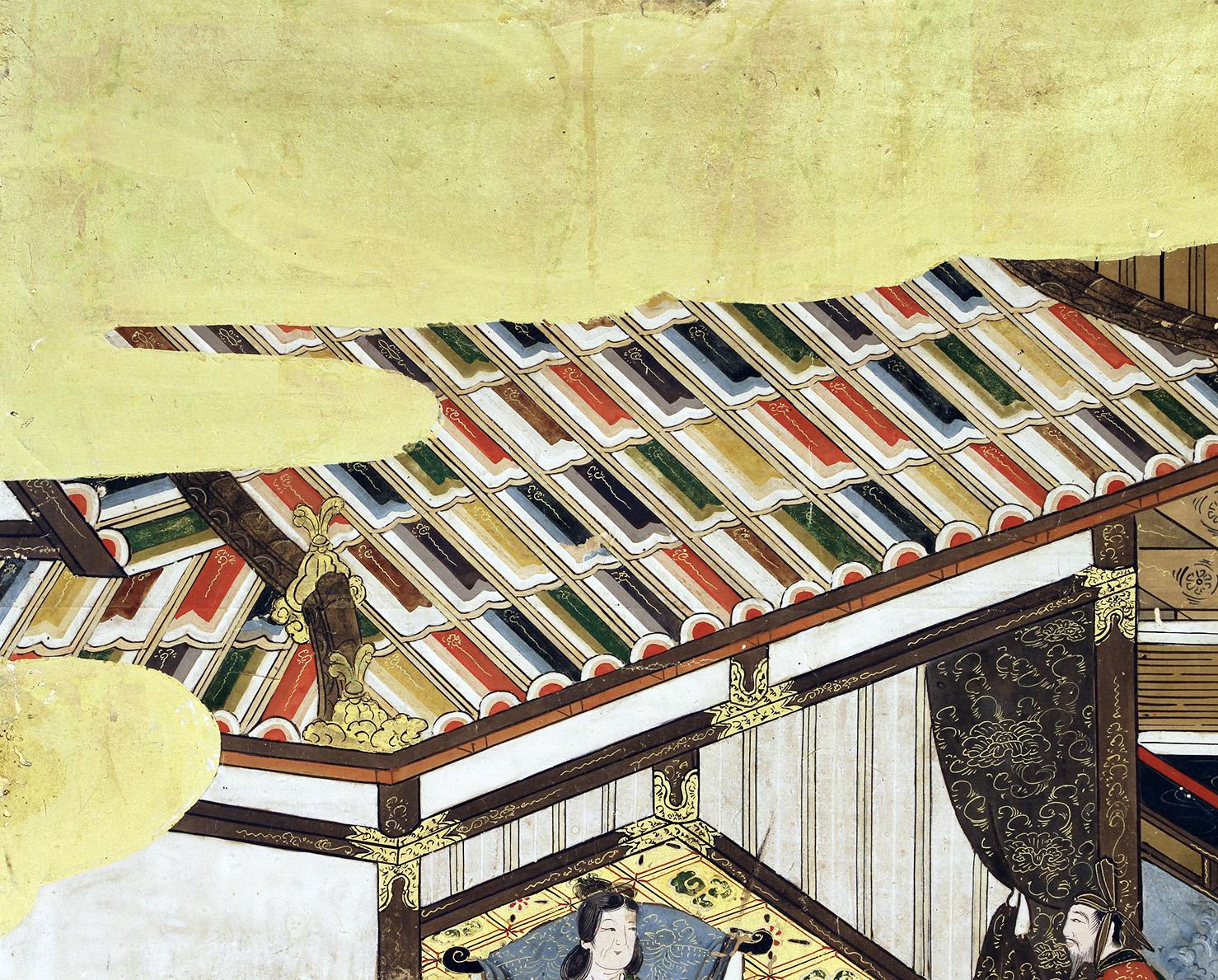 18th Century Japanese Tosa School Framed Six Panel Screen Gold Leaf For Sale