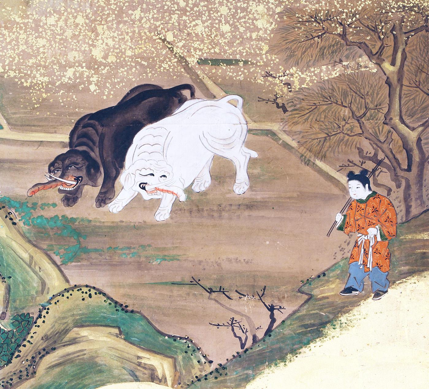 Japanese Tosa School Framed Six Panel Screen Gold Leaf For Sale 1