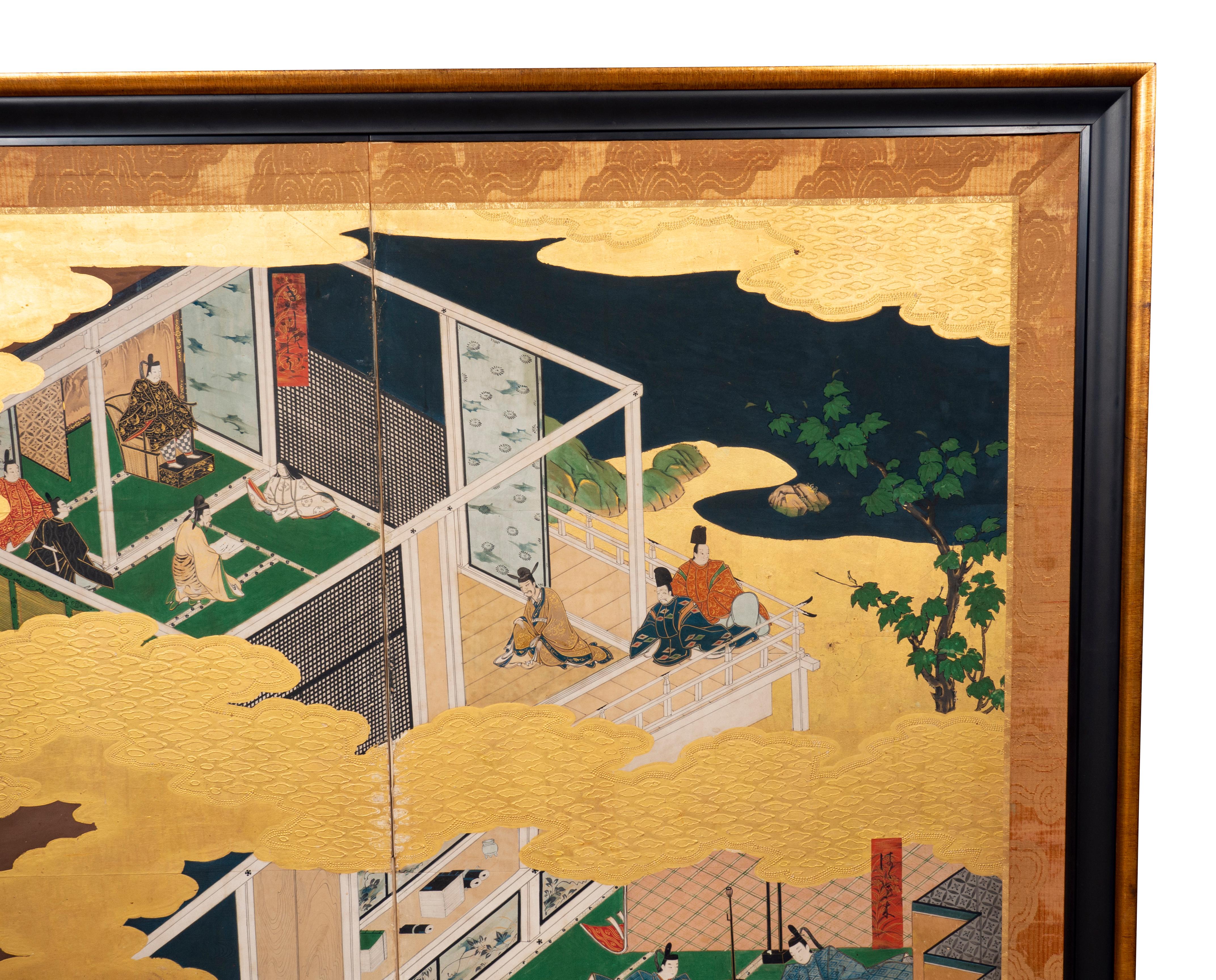 Painted Japanese Tosa School Framed Two Panel Screen