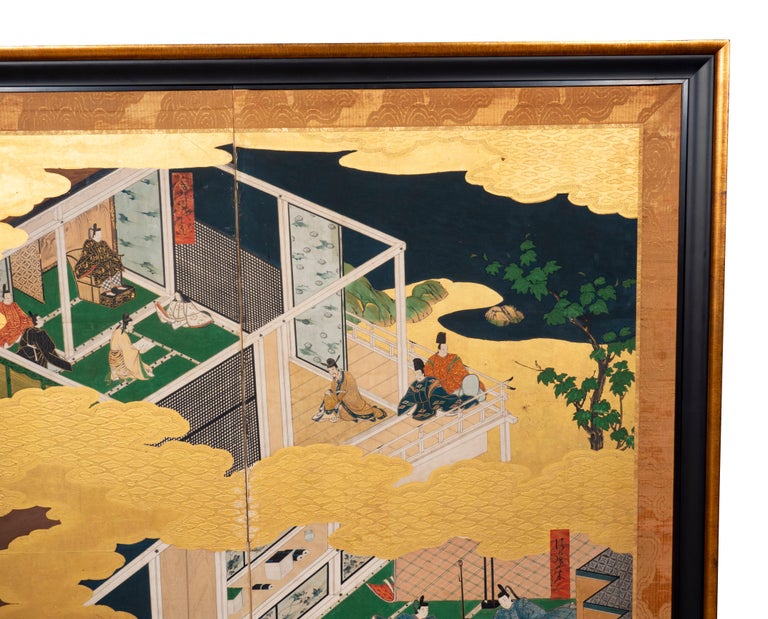 Painted Japanese Tosa School Framed Two Panel Screen For Sale