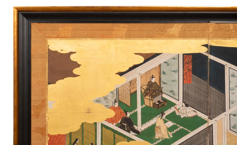 Paper Japanese Tosa School Framed Two Panel Screen For Sale