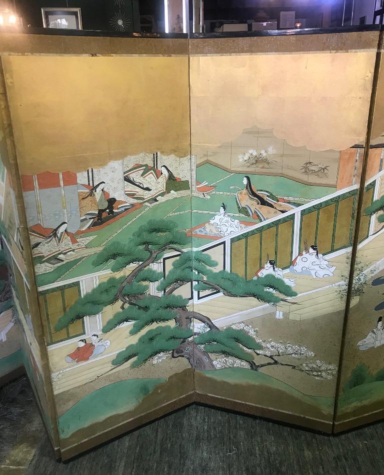 Hand-Painted Japanese Tosa School Six-Panel Folding Byobu Screen 