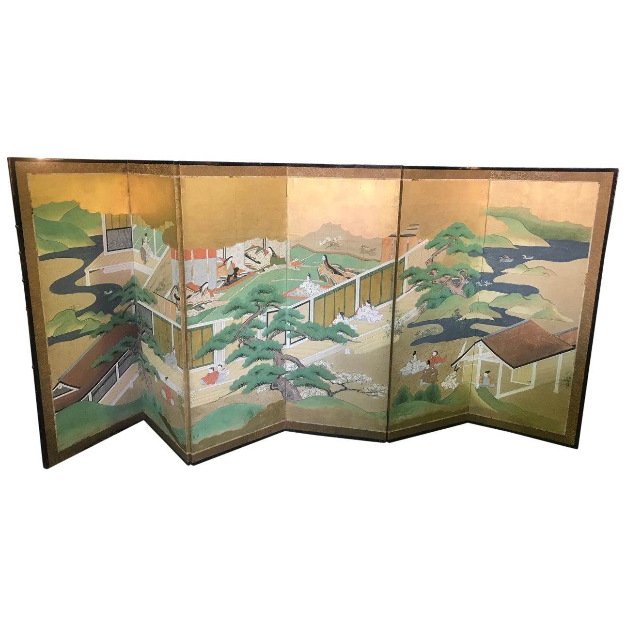 Japanese Tosa School Six-Panel Folding Byobu Screen "Tales of Genji", 1770 Edo